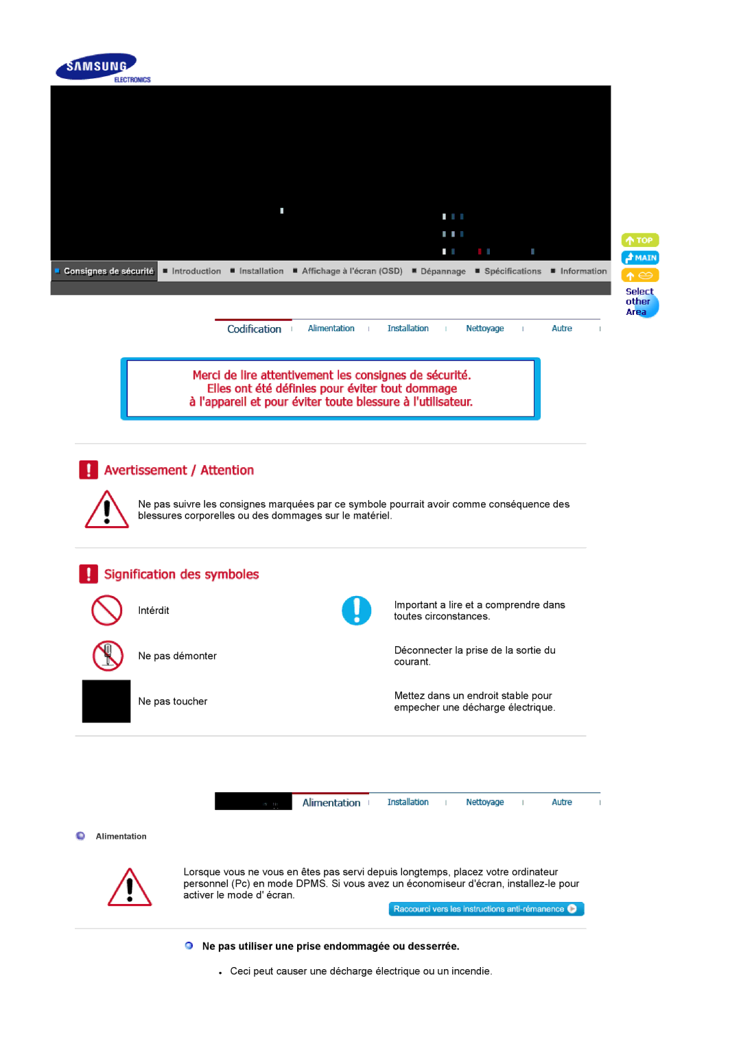 Samsung LS19RTUSSZ/EDC manual Ne pas utiliser une prise endommagée ou desserrée 