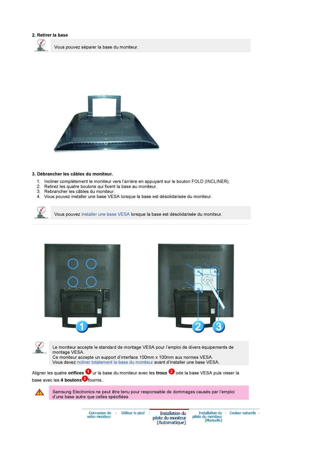 Samsung LS19RTUSSZ/EDC manual Retirer la base, Débrancher les câbles du moniteur 