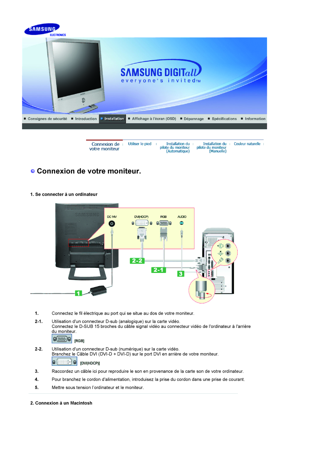 Samsung LS19RTUSSZ/EDC manual Se connecter à un ordinateur, Connexion à un Macintosh 