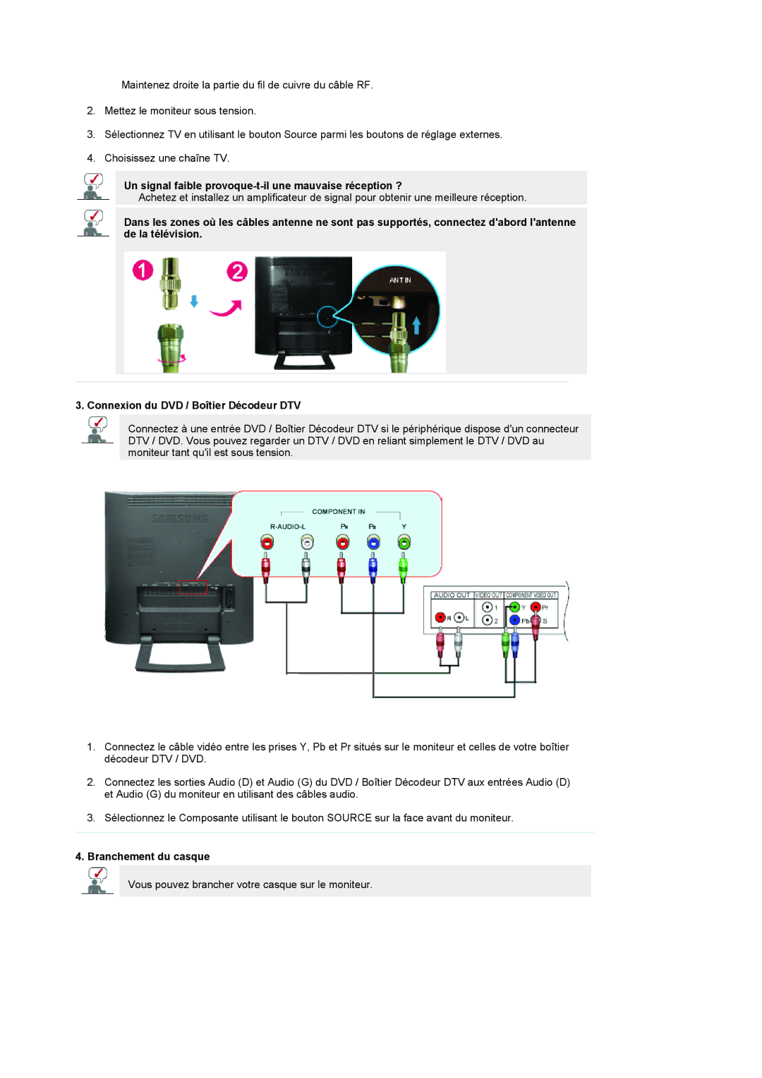 Samsung LS19RTUSSZ/EDC manual Un signal faible provoque-t-il une mauvaise réception ?, Branchement du casque 