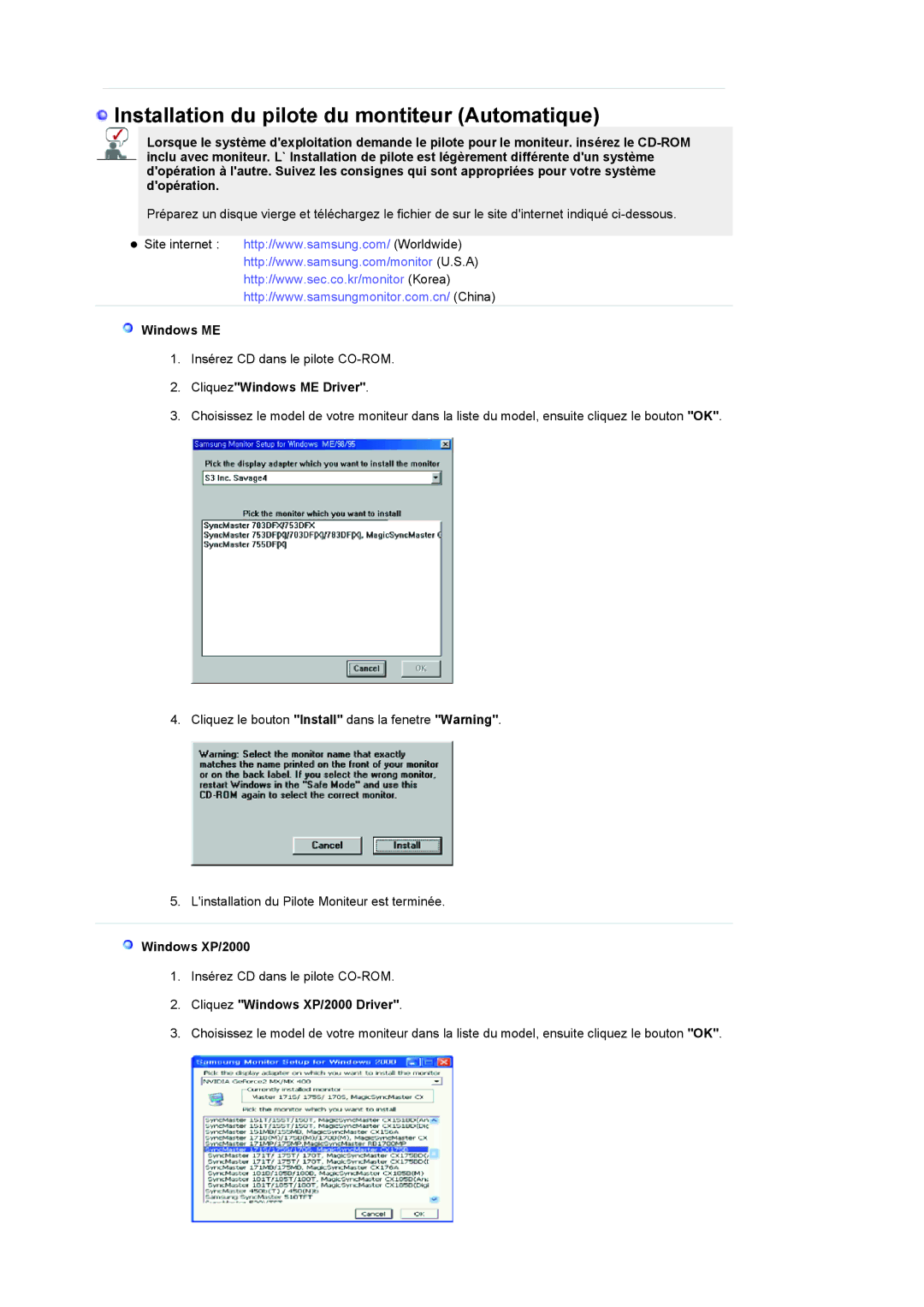 Samsung LS19RTUSSZ/EDC manual CliquezWindows ME Driver, Cliquez Windows XP/2000 Driver 