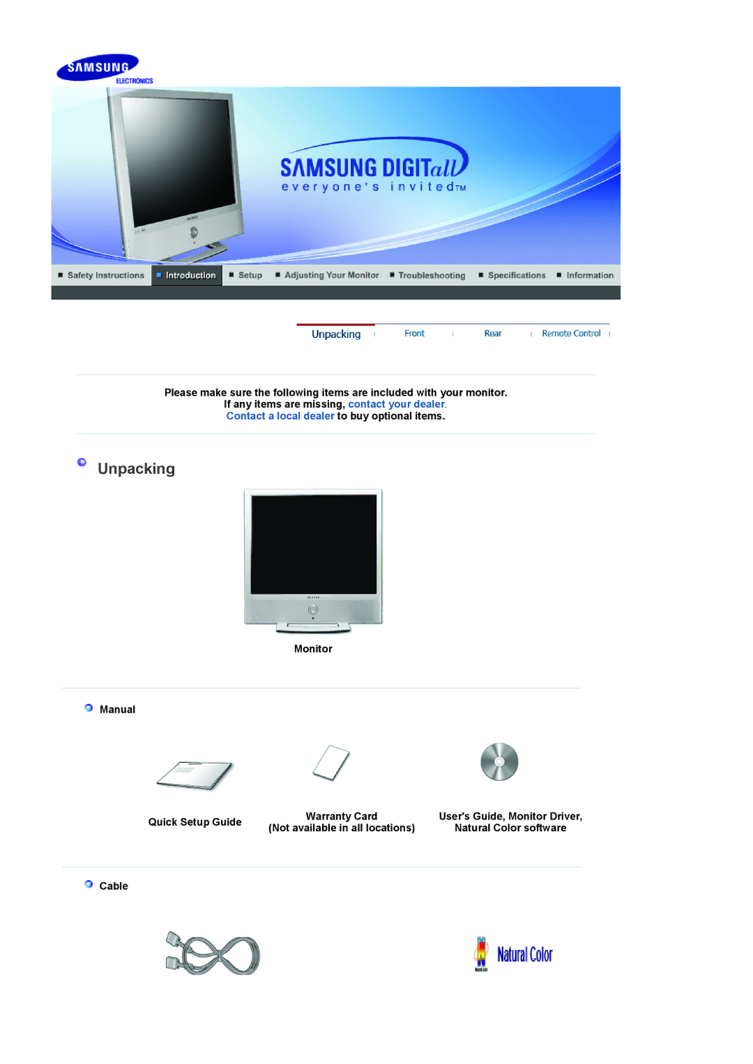 Samsung LS19RTUSSZ/EDC manual Unpacking, Monitor Manual Quick Setup Guide, Cable 