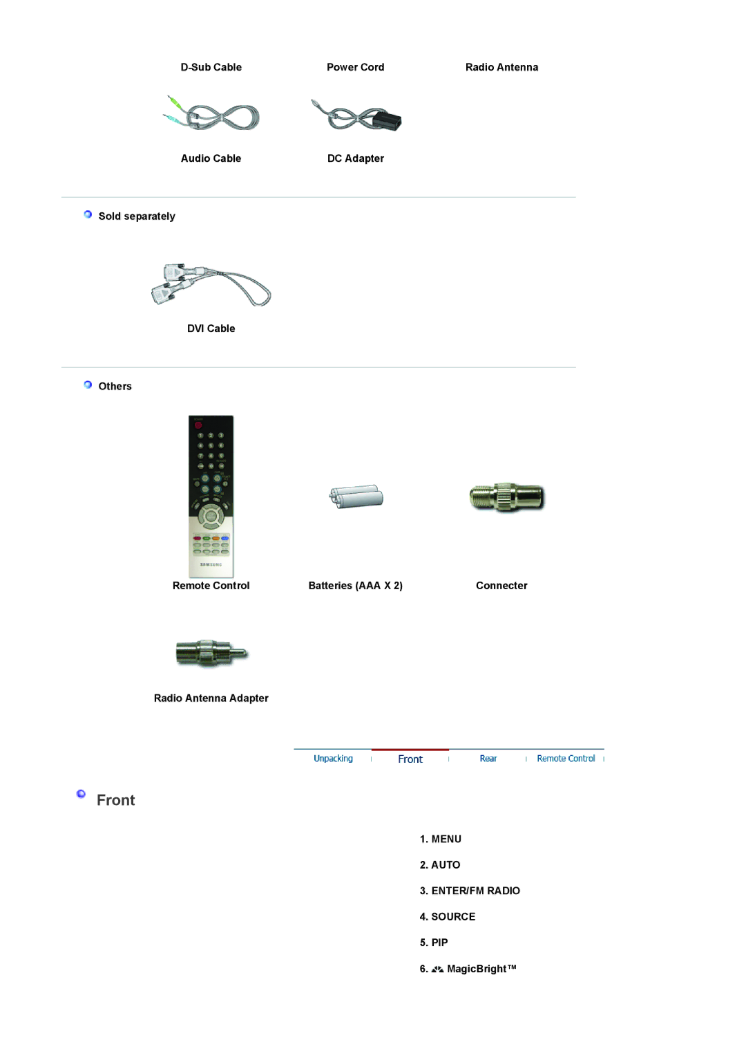 Samsung LS19RTUSSZ/EDC manual Front, Sub Cable Power Cord, Radio Antenna Adapter, Menu Auto ENTER/FM Radio Source 