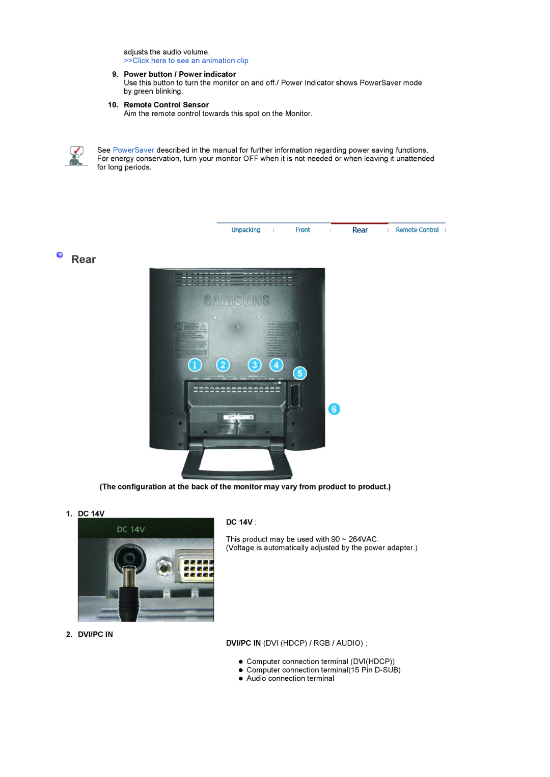 Samsung LS19RTUSSZ/EDC manual Rear, Dvi/Pc 