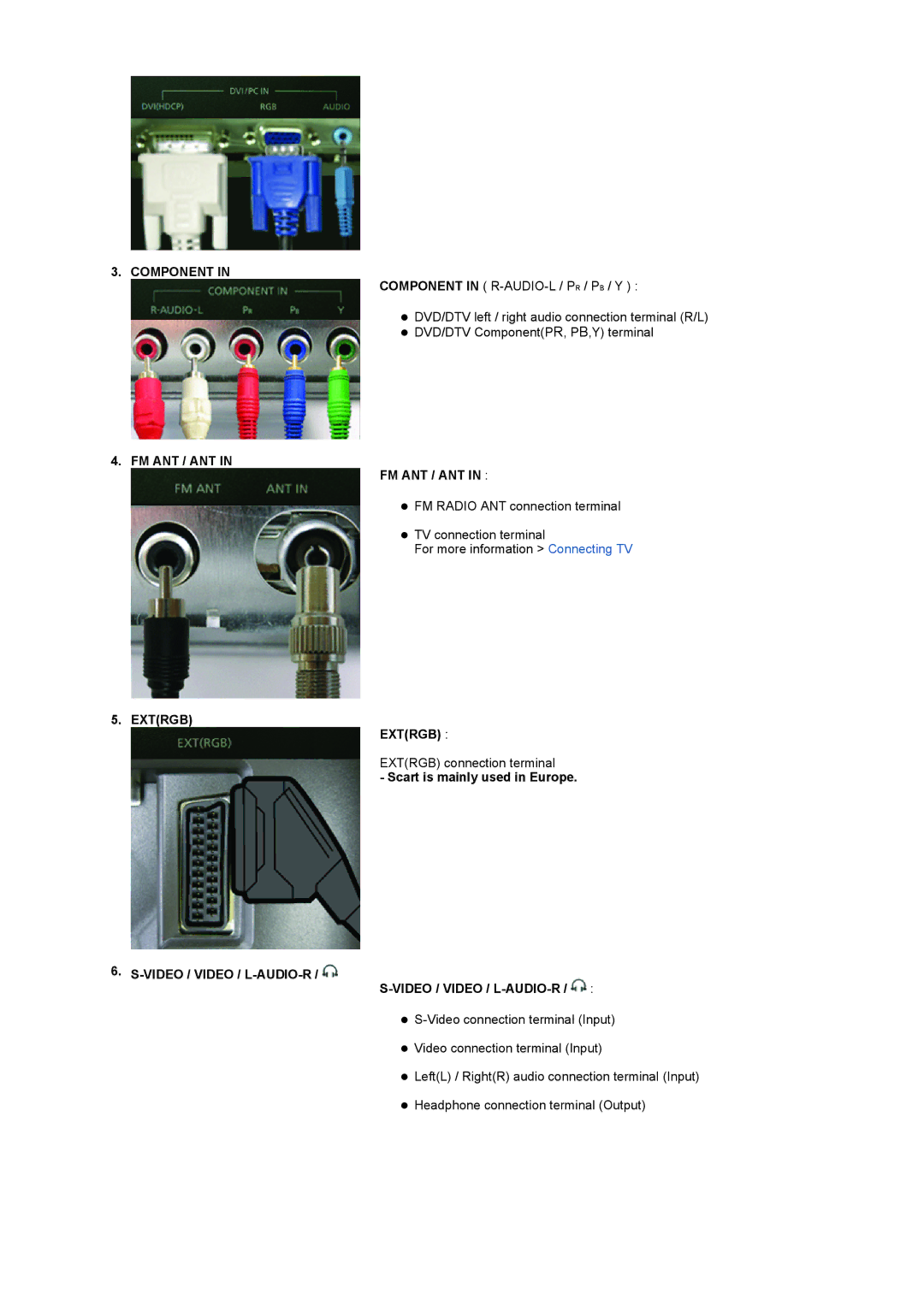 Samsung LS19RTUSSZ/EDC manual Component FM ANT / ANT Extrgb Video / Video / L-AUDIO-R, Scart is mainly used in Europe 