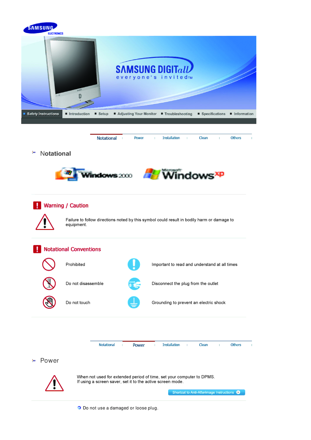 Samsung LS19RTUSSZ/EDC manual Notational, Power, Do not use a damaged or loose plug 