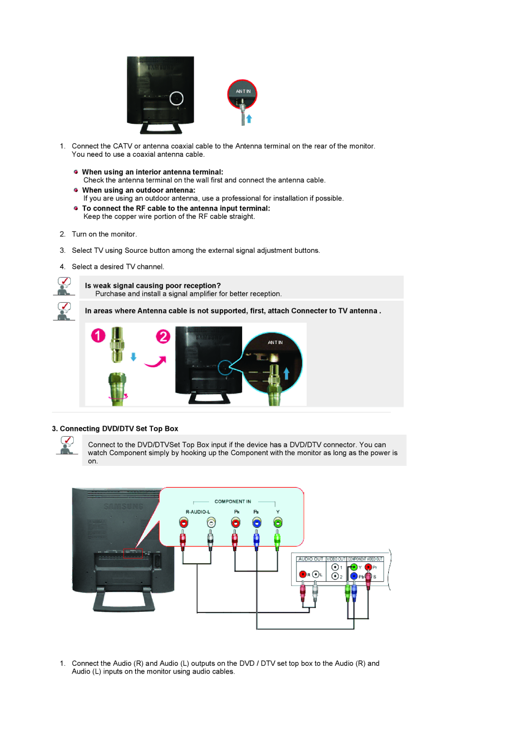 Samsung LS19RTUSSZ/EDC manual When using an interior antenna terminal, When using an outdoor antenna 