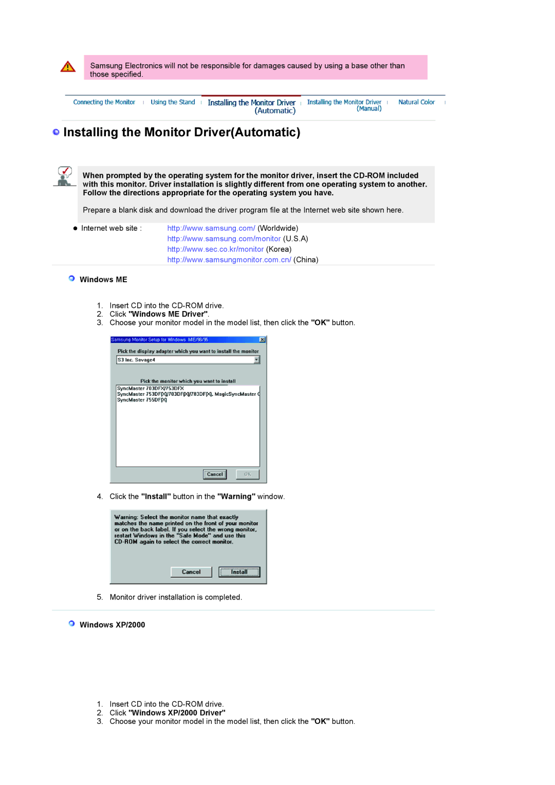 Samsung LS19RTUSSZ/EDC manual Click Windows ME Driver, Click Windows XP/2000 Driver 