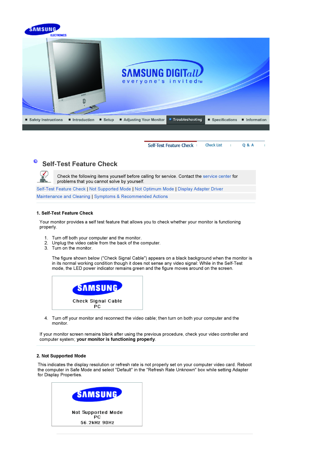 Samsung LS19RTUSSZ/EDC manual Self-Test Feature Check, Not Supported Mode 