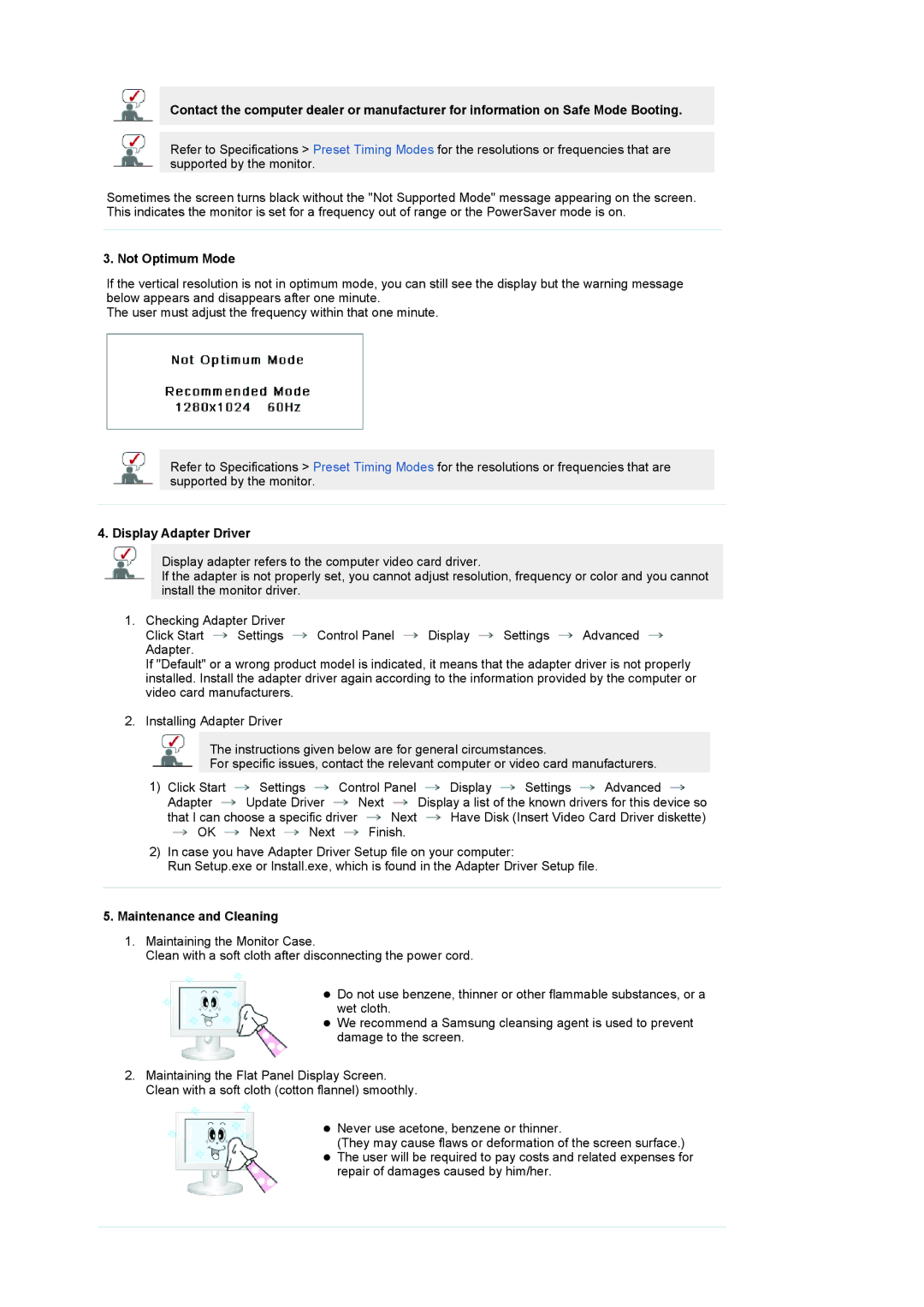 Samsung LS19RTUSSZ/EDC manual Not Optimum Mode, Display Adapter Driver, Maintenance and Cleaning 