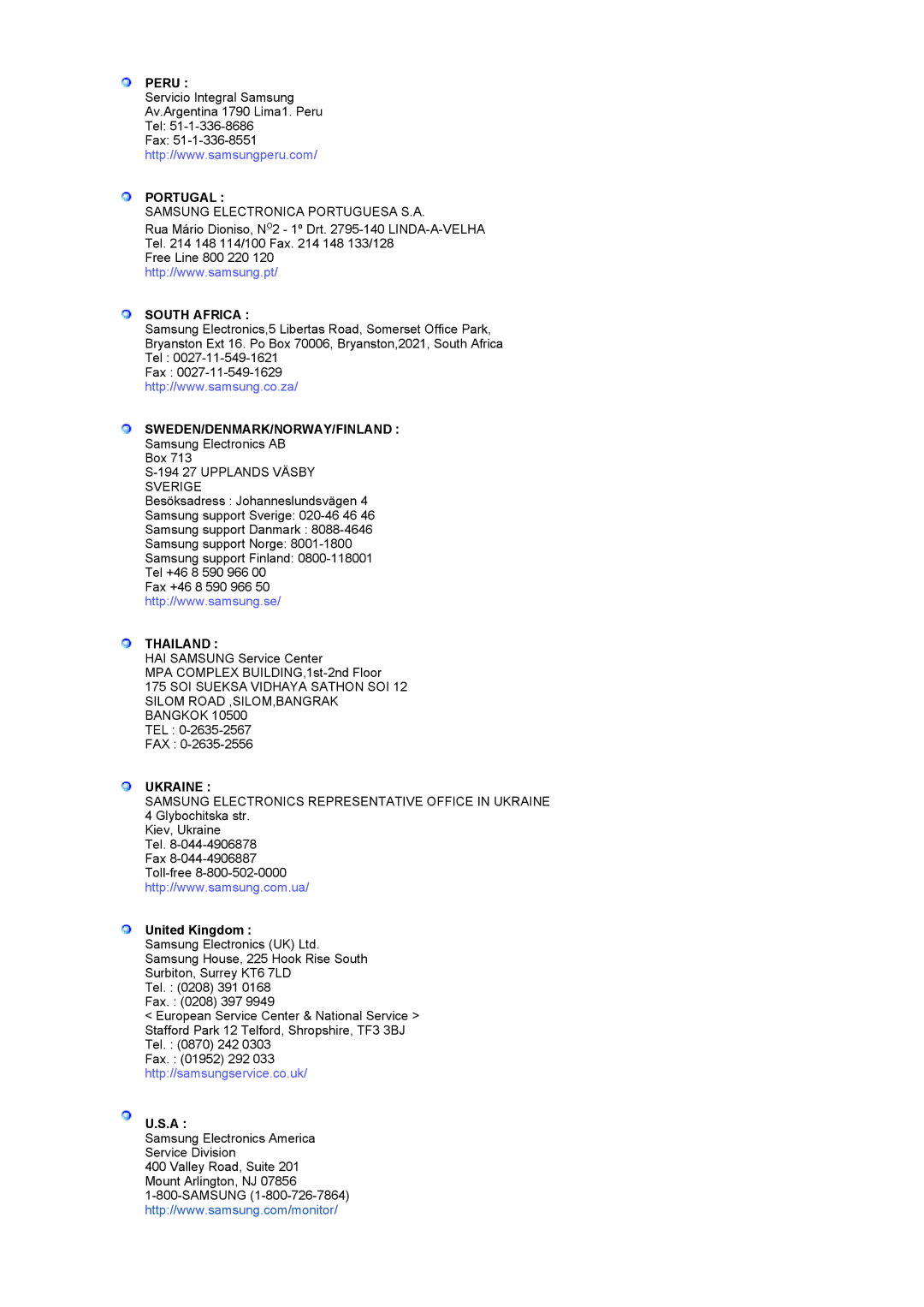 Samsung LS19RTUSSZ/EDC manual Peru, Portugal, South Africa, Sweden/Denmark/Norway/Finland, Thailand, Ukraine 