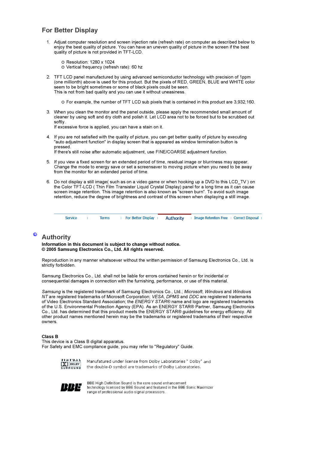 Samsung LS19RTUSSZ/EDC manual For Better Display, Authority, Class B 