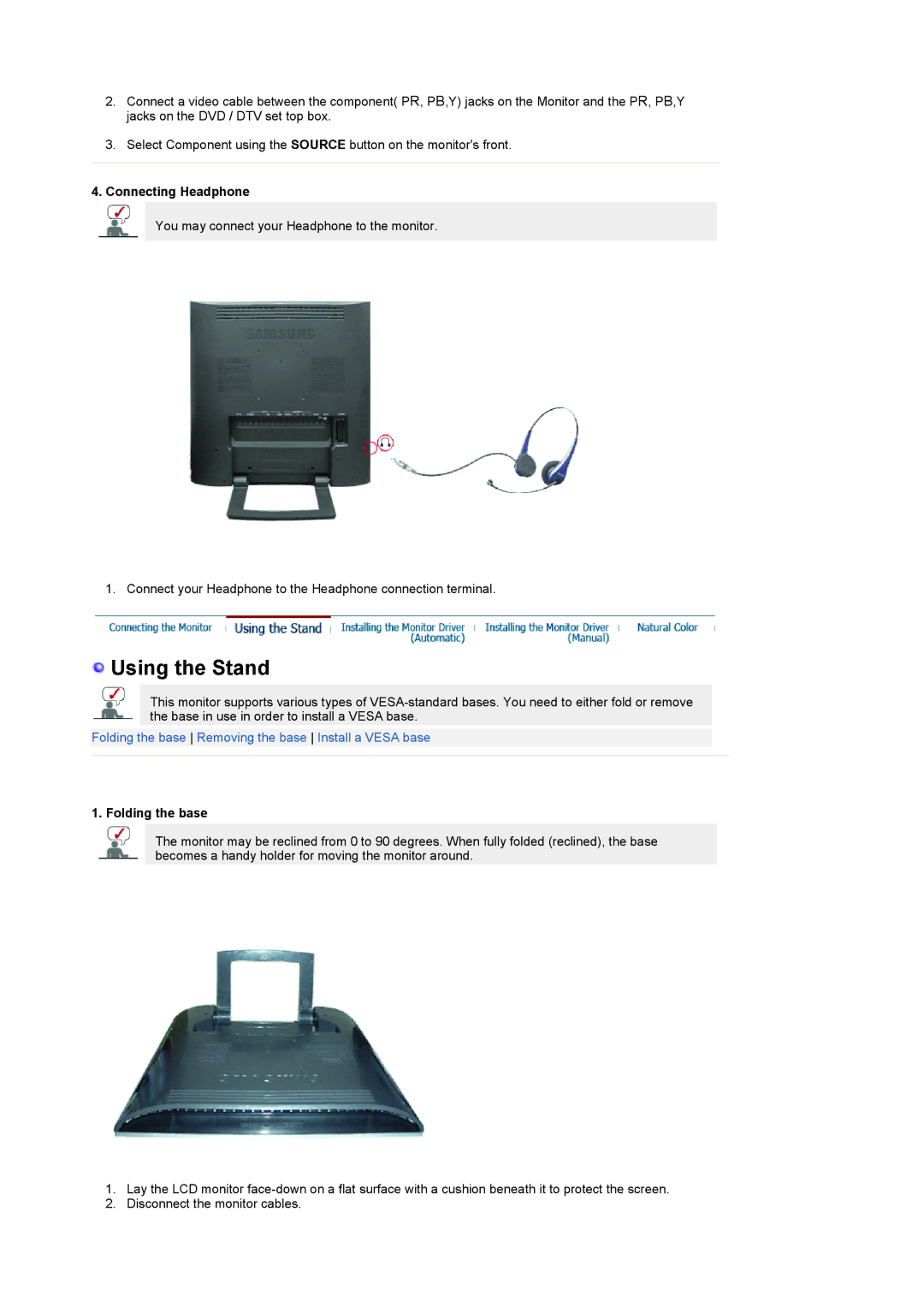 Samsung LS19RTUSSZ/EDC manual Connecting Headphone, Folding the base 