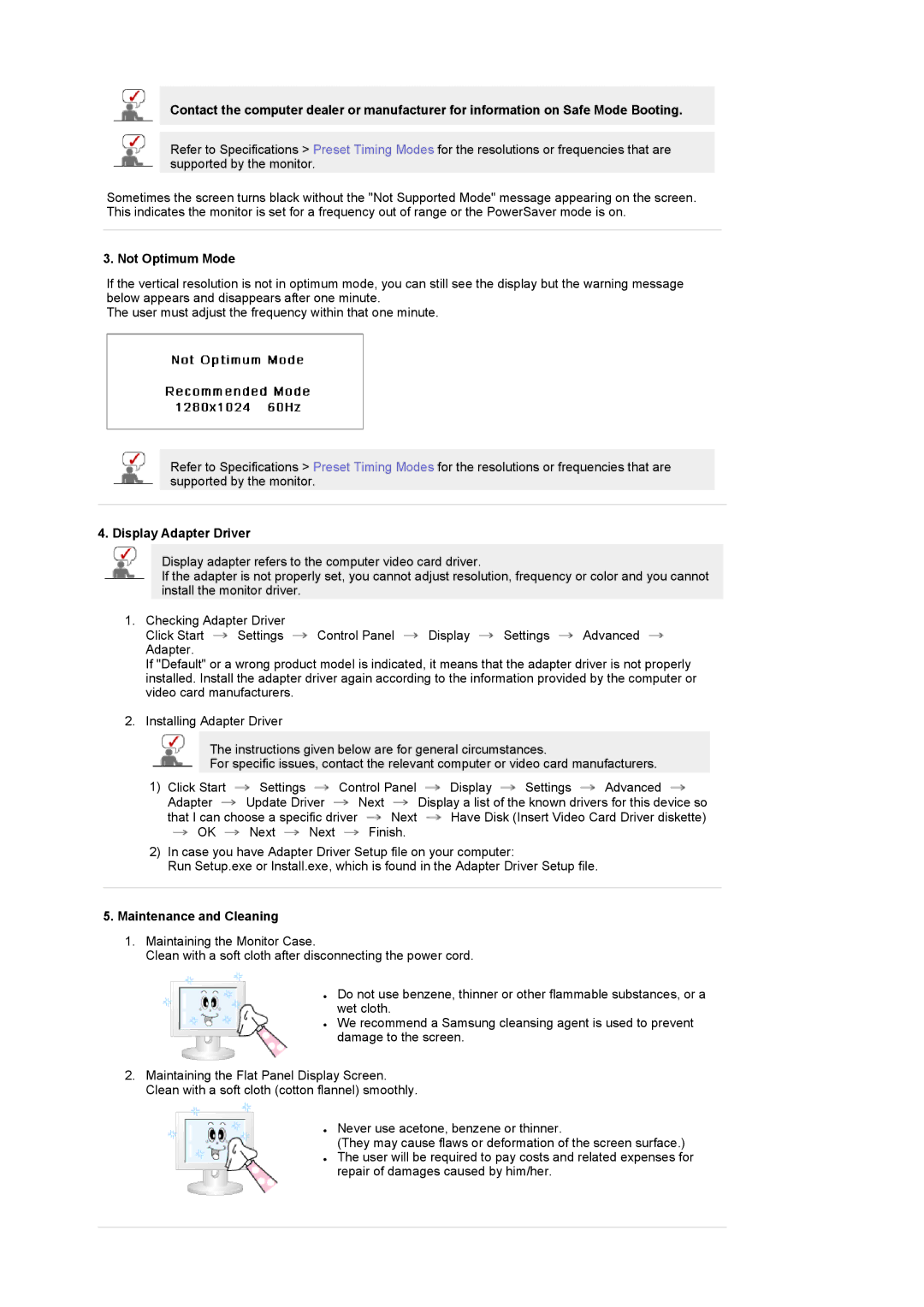 Samsung LS19RTUSSZ/EDC manual Not Optimum Mode, Display Adapter Driver, Maintenance and Cleaning 