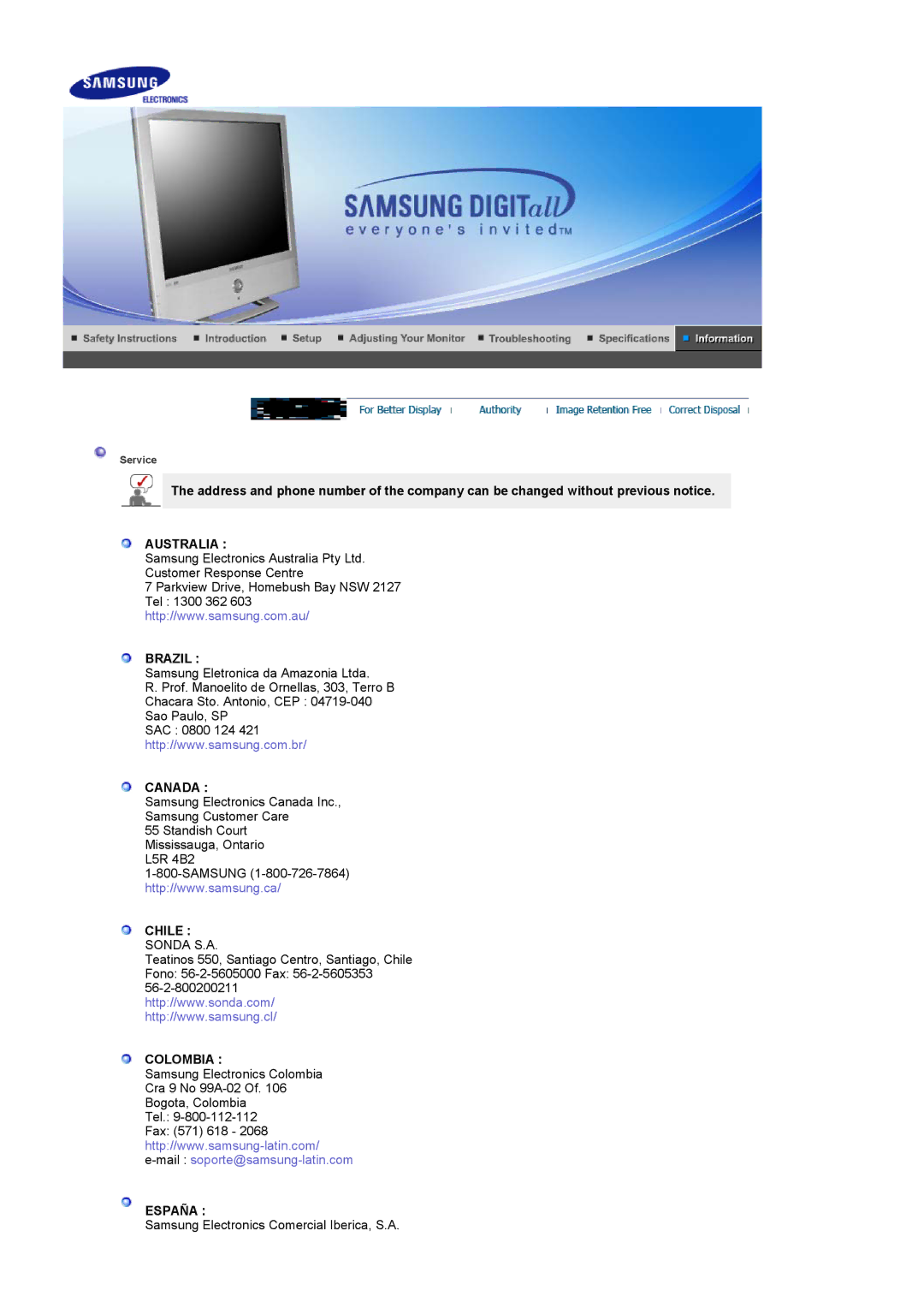 Samsung LS19RTUSSZ/EDC manual Australia Brazil, Canada, Chile Sonda S.A, Colombia, España 