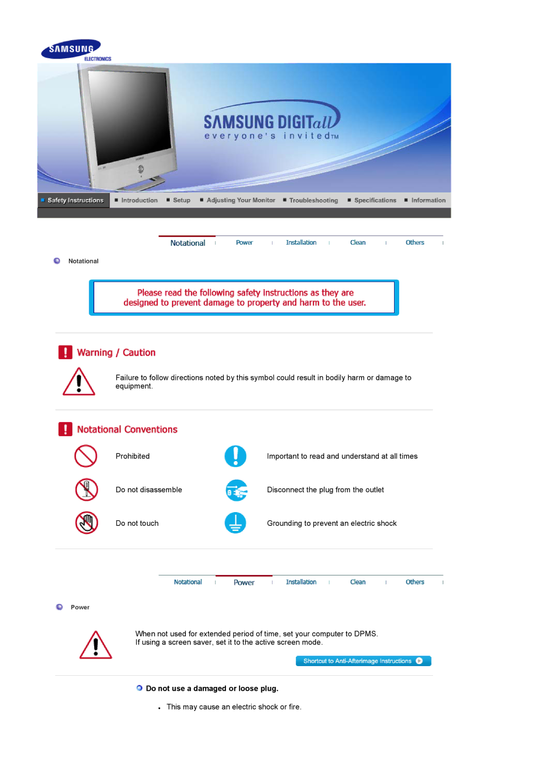 Samsung LS19RTUSSZ/EDC manual Do not use a damaged or loose plug 