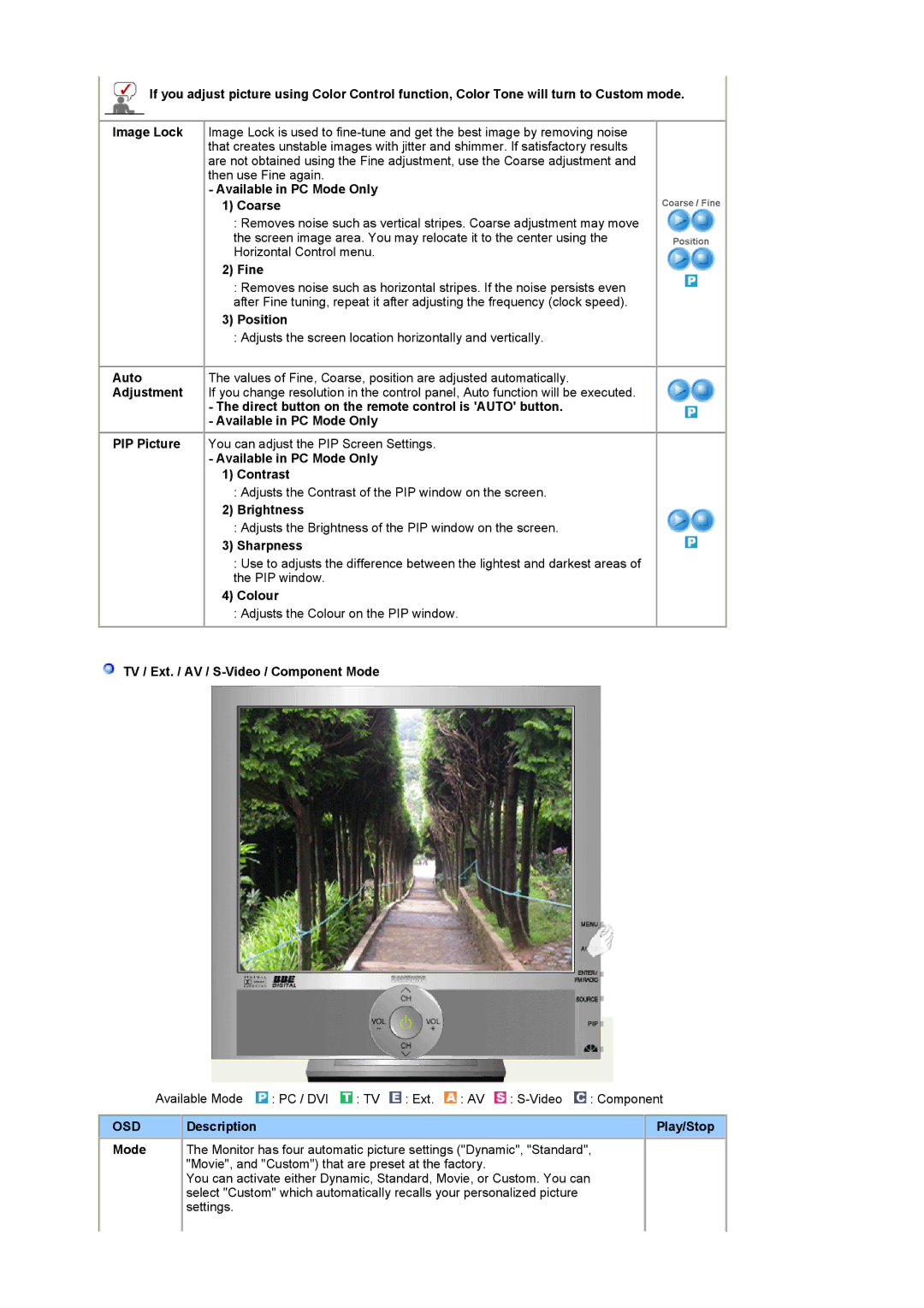 Samsung LS19RTUSSZ/EDC manual Available in PC Mode Only Coarse, Fine, Available in PC Mode Only Contrast, Sharpness, Colour 