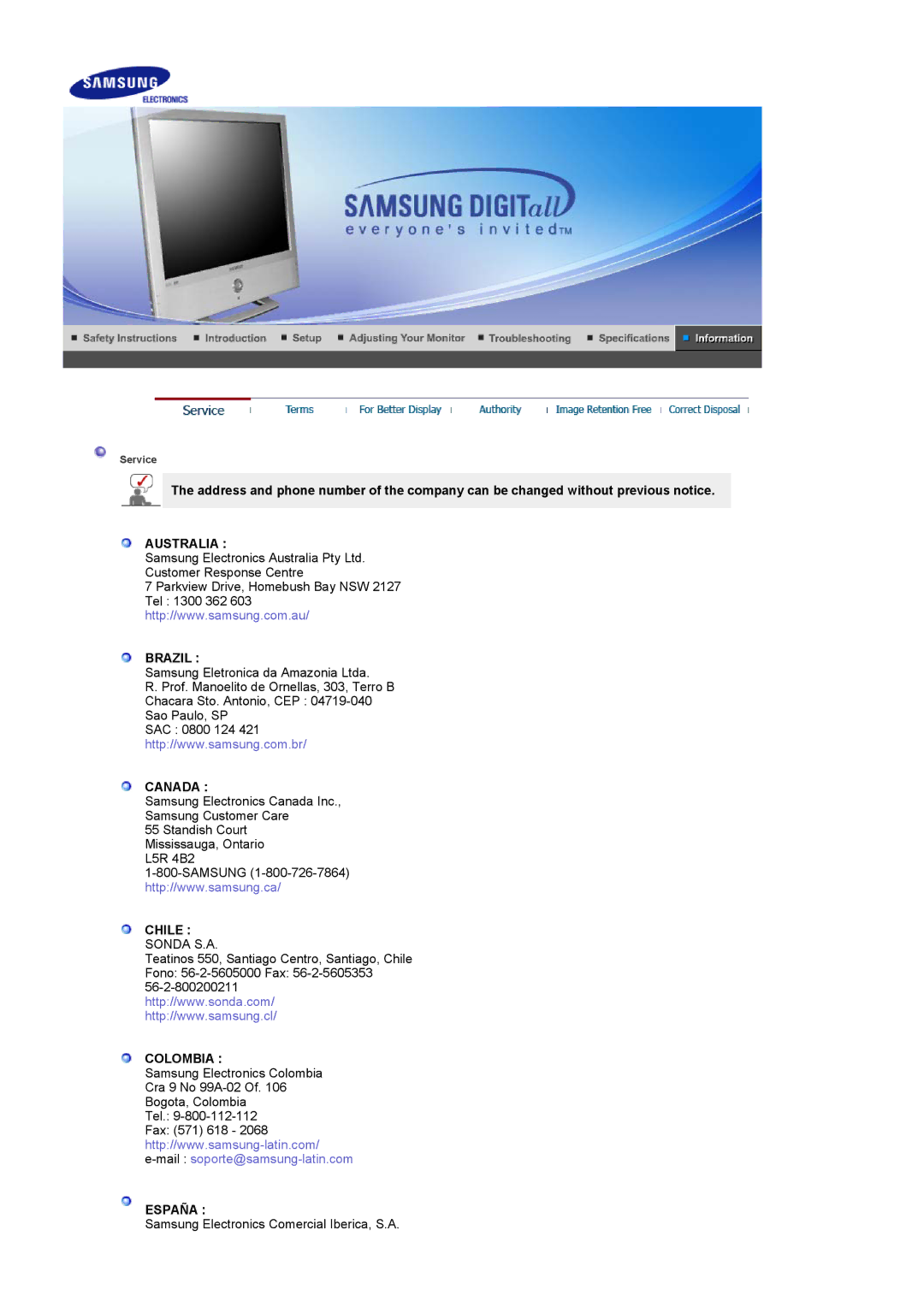 Samsung LS19RTUSSZ/EDC manual Australia Brazil, Canada, Chile Sonda S.A, Colombia, España 