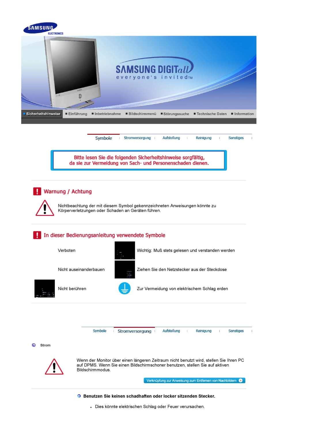 Samsung LS19RTUSSZ/EDC manual Dies könnte elektrischen Schlag oder Feuer verursachen 