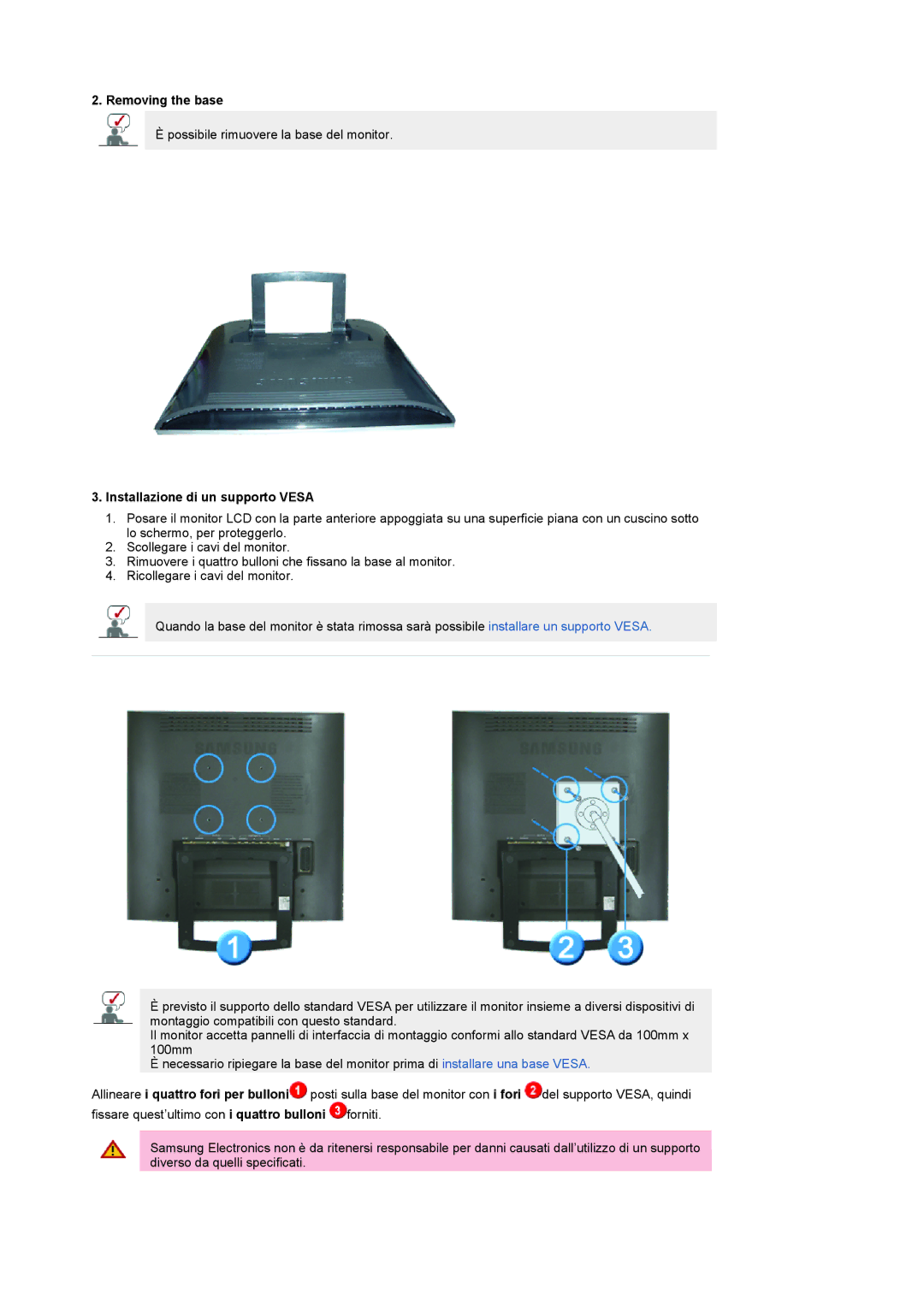 Samsung LS19RTUSSZ/EDC manual Removing the base, Installazione di un supporto Vesa 