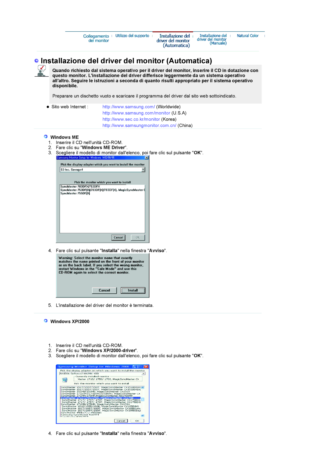 Samsung LS19RTUSSZ/EDC manual Fare clic su Windows ME Driver, Fare clic su Windows XP/2000-driver 