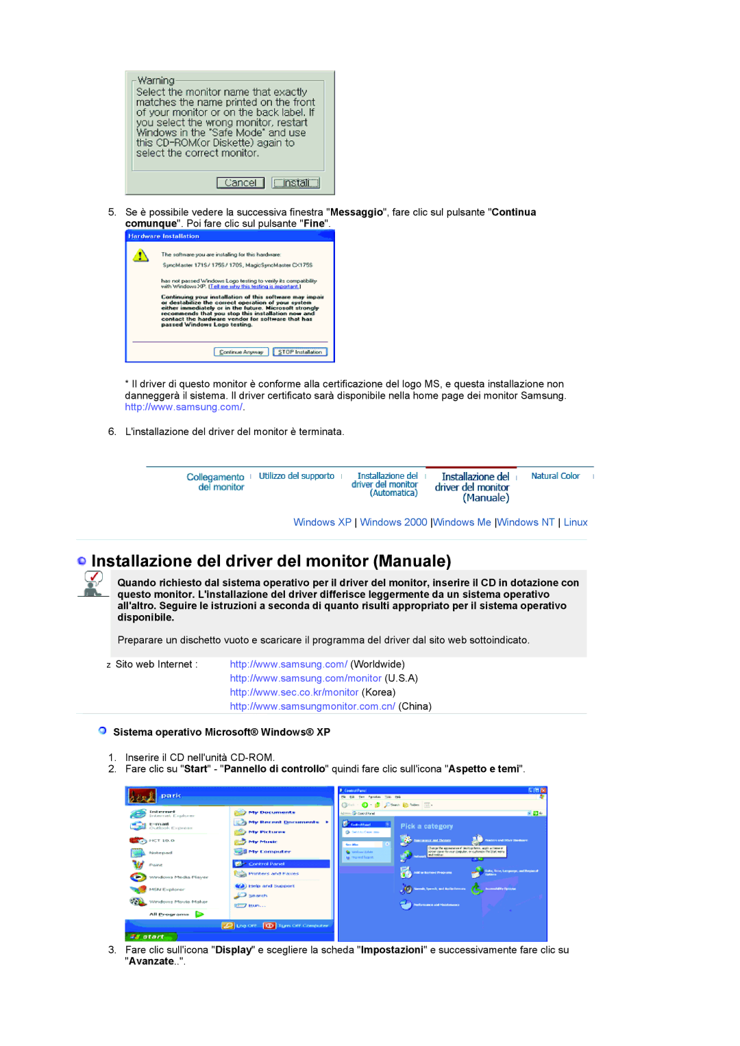 Samsung LS19RTUSSZ/EDC manual Installazione del driver del monitor Manuale, Sistema operativo Microsoft Windows XP 