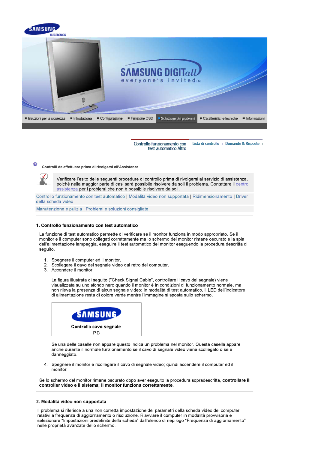 Samsung LS19RTUSSZ/EDC manual Controllo funzionamento con test automatico, Modalità video non supportata 