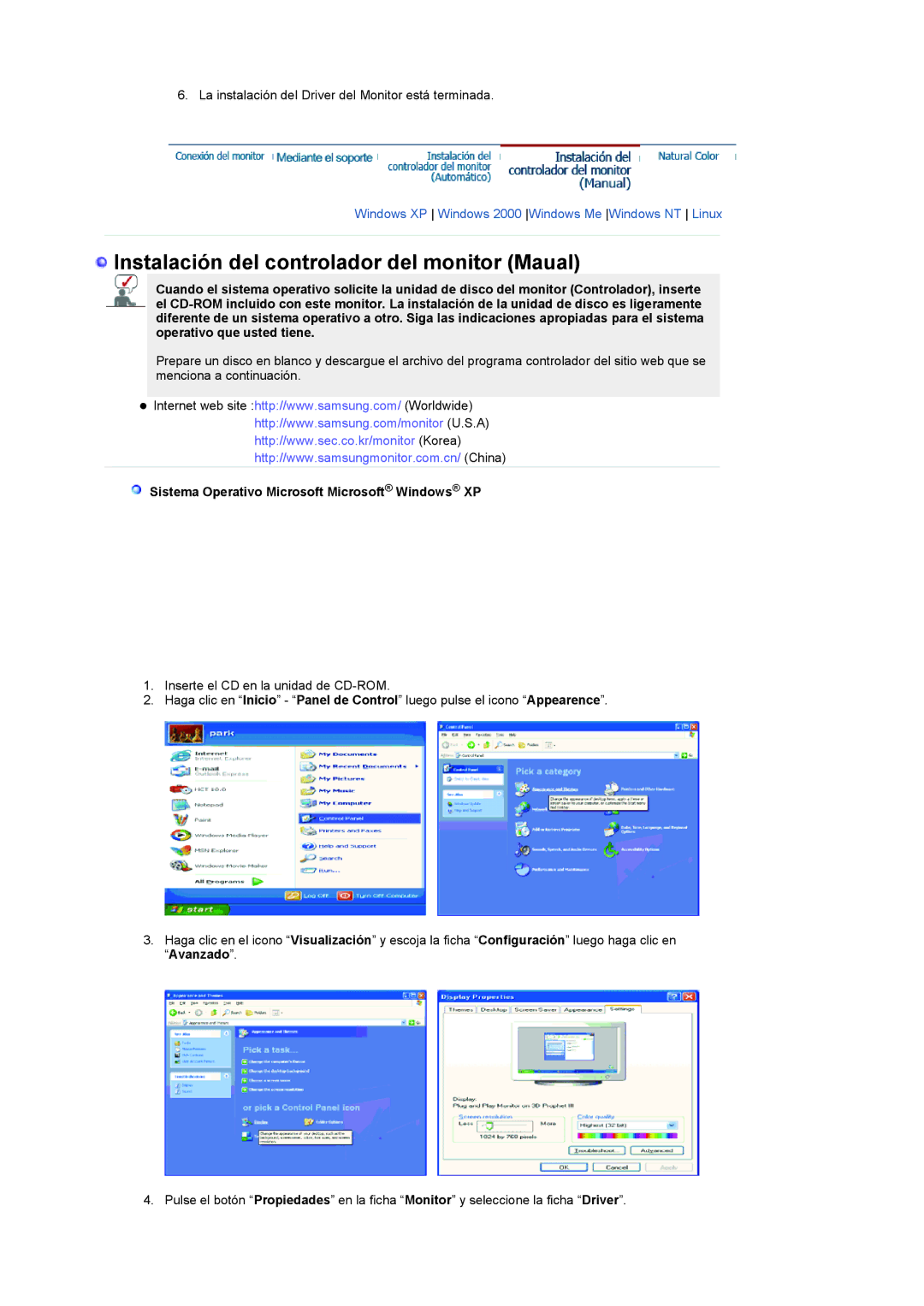 Samsung LS19RTUSSZ/EDC Instalación del controlador del monitor Maual, Sistema Operativo Microsoft Microsoft Windows XP 