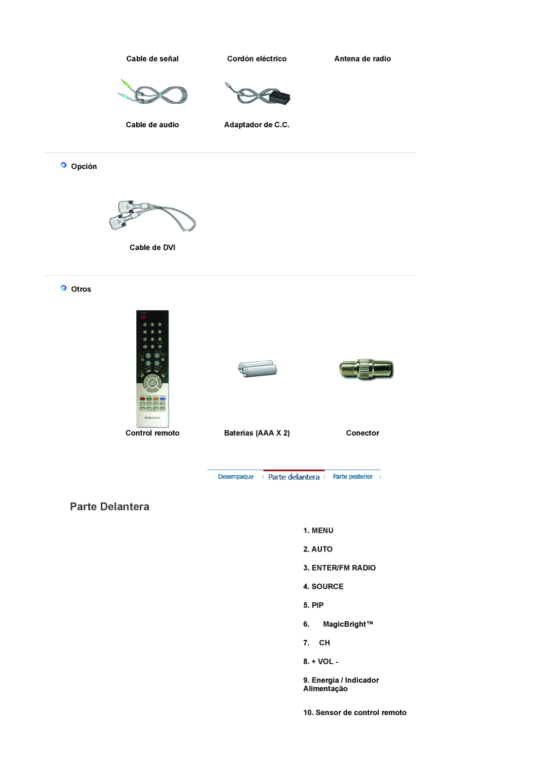 Samsung LS19RTUSSZ/EDC manual Cable de señal Cordón eléctrico, Cable de audio, Menu Auto ENTER/FM Radio Source 