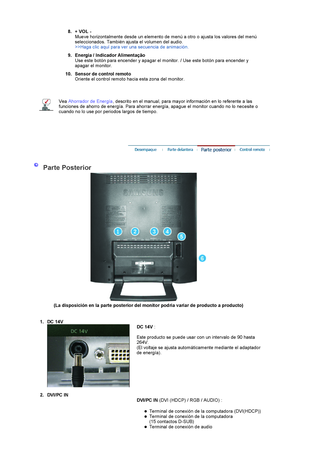 Samsung LS19RTUSSZ/EDC manual Energía / Indicador Alimentação, Dvi/Pc 