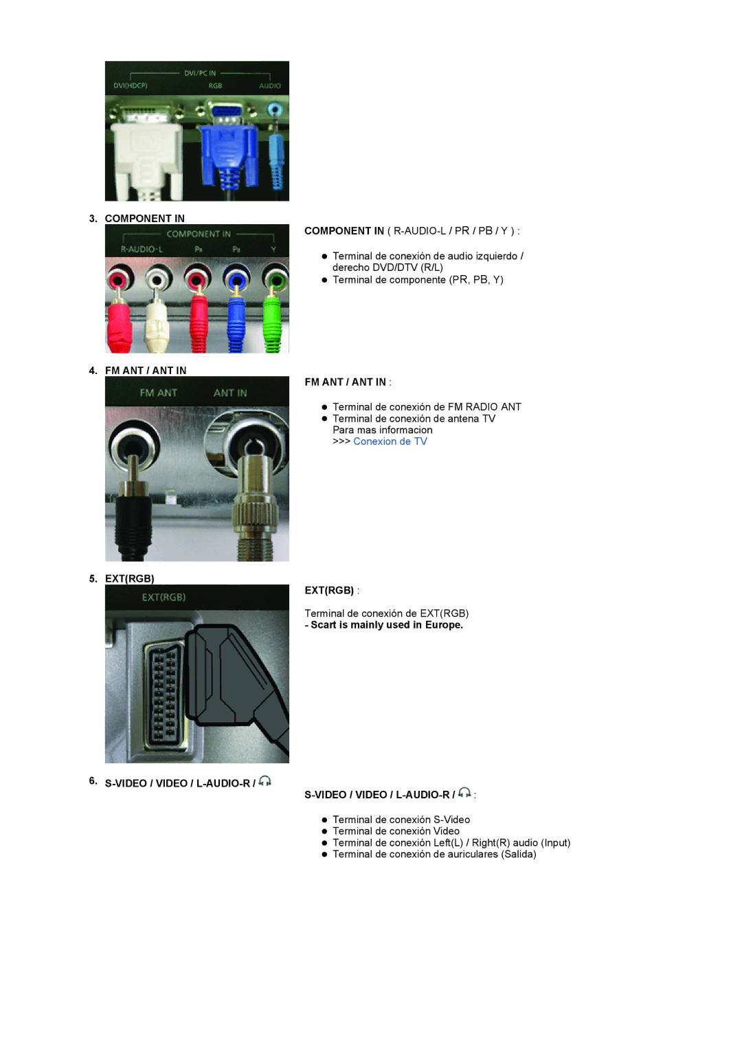 Samsung LS19RTUSSZ/EDC manual Component FM ANT / ANT Extrgb Video / Video / L-AUDIO-R, Scart is mainly used in Europe 