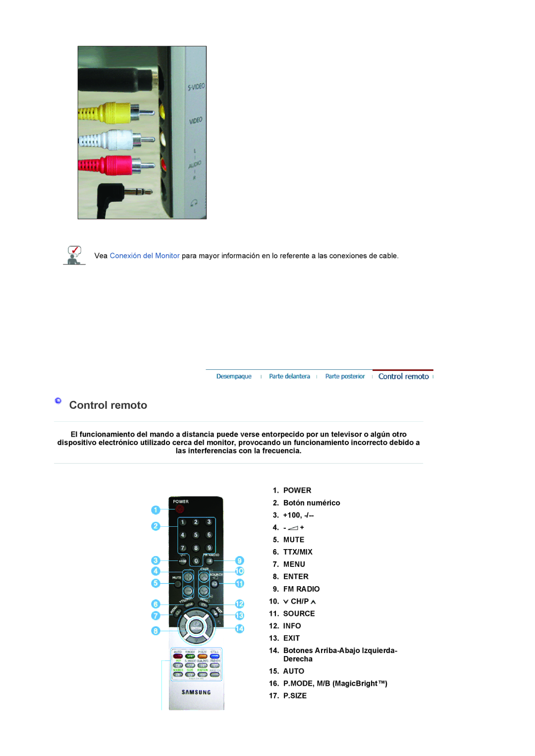 Samsung LS19RTUSSZ/EDC manual Power, Botón numérico +100, Mute TTX/MIX Menu Enter FM Radio, Ch/P 