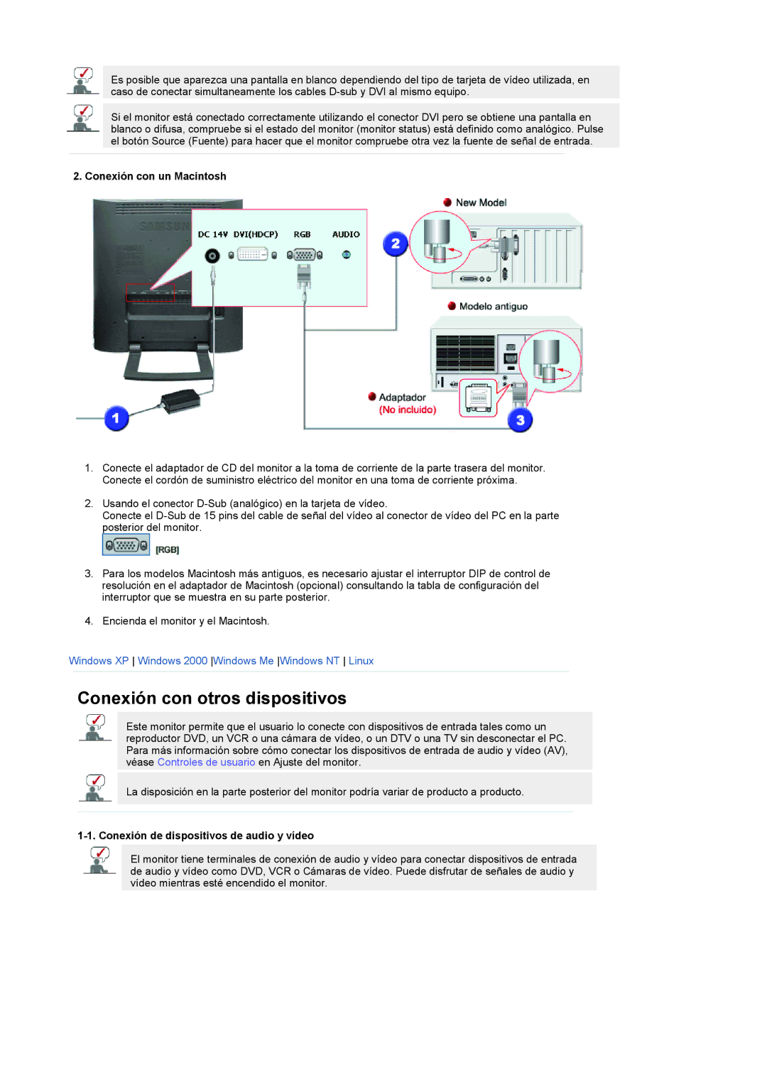 Samsung LS19RTUSSZ/EDC manual Conexión con un Macintosh, Conexión de dispositivos de audio y vídeo 