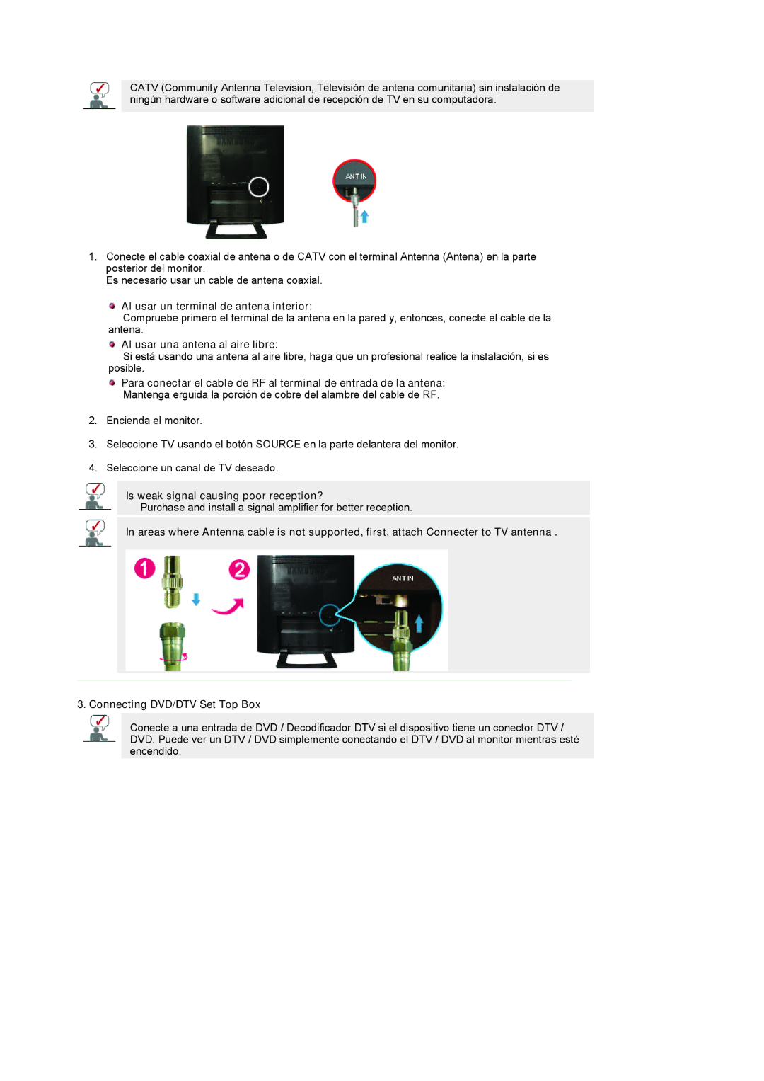 Samsung LS19RTUSSZ/EDC manual Al usar un terminal de antena interior, Al usar una antena al aire libre 