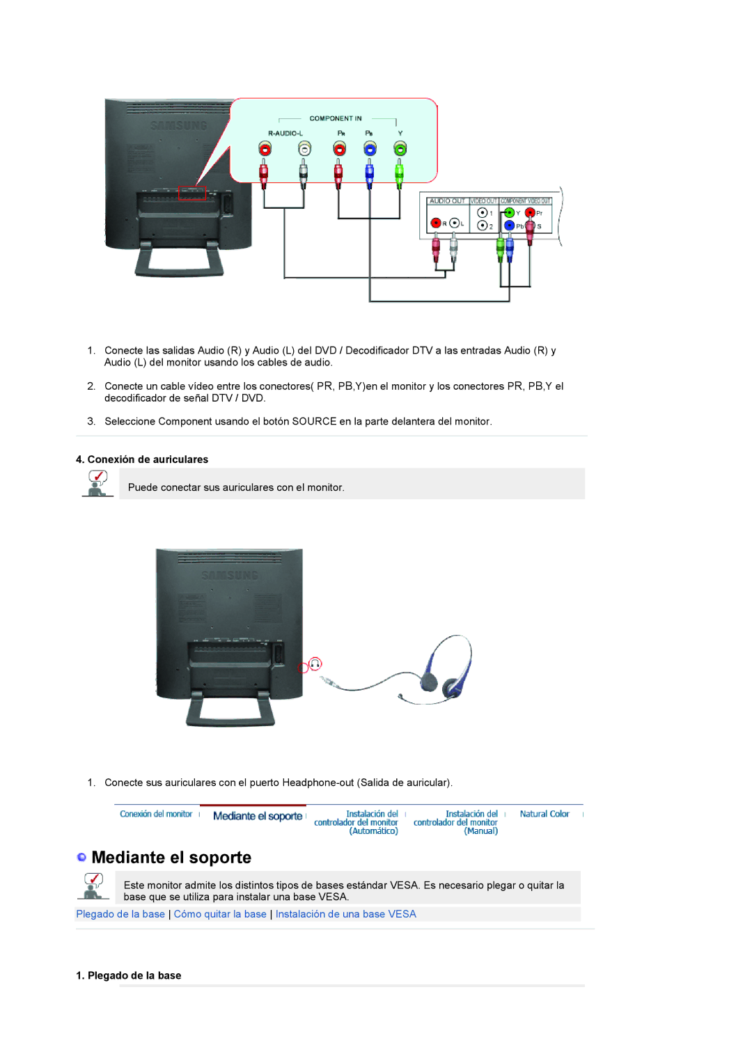 Samsung LS19RTUSSZ/EDC manual Conexión de auriculares, Plegado de la base 