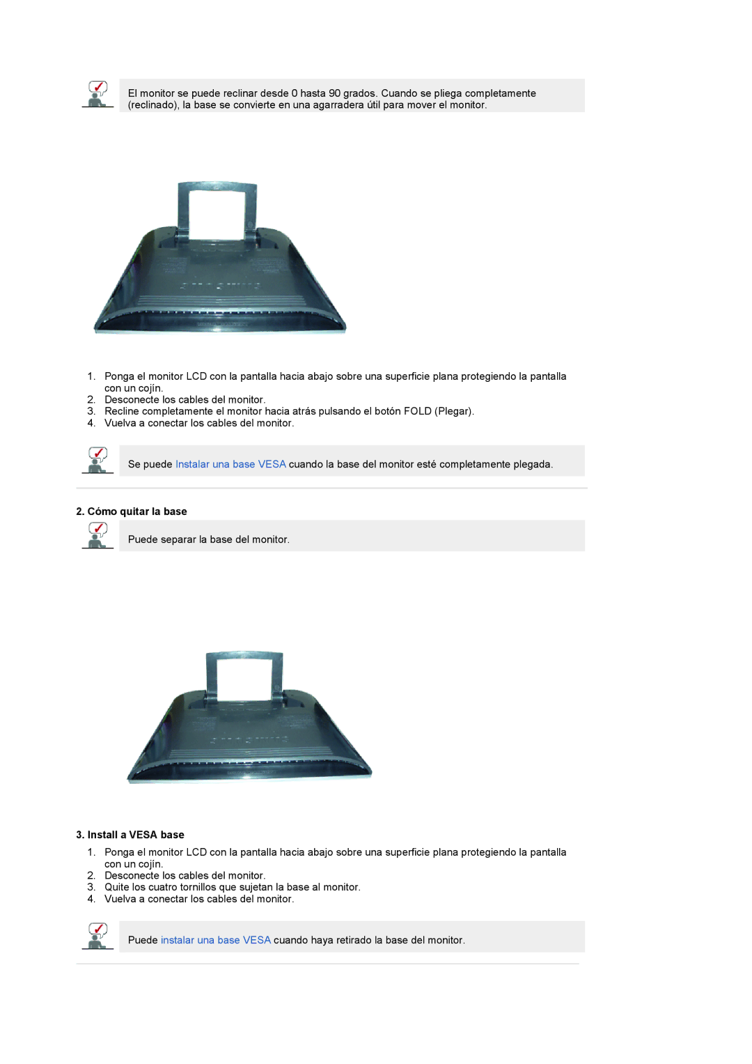 Samsung LS19RTUSSZ/EDC manual Cómo quitar la base, Install a Vesa base 