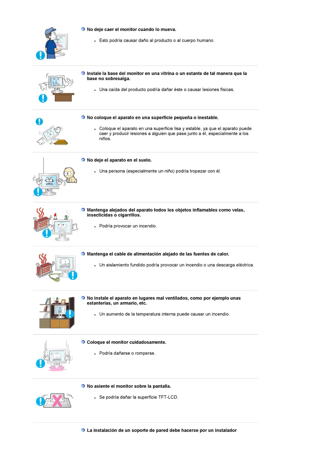 Samsung LS19RTUSSZ/EDC manual No deje caer el monitor cuando lo mueva, No deje el aparato en el suelo 