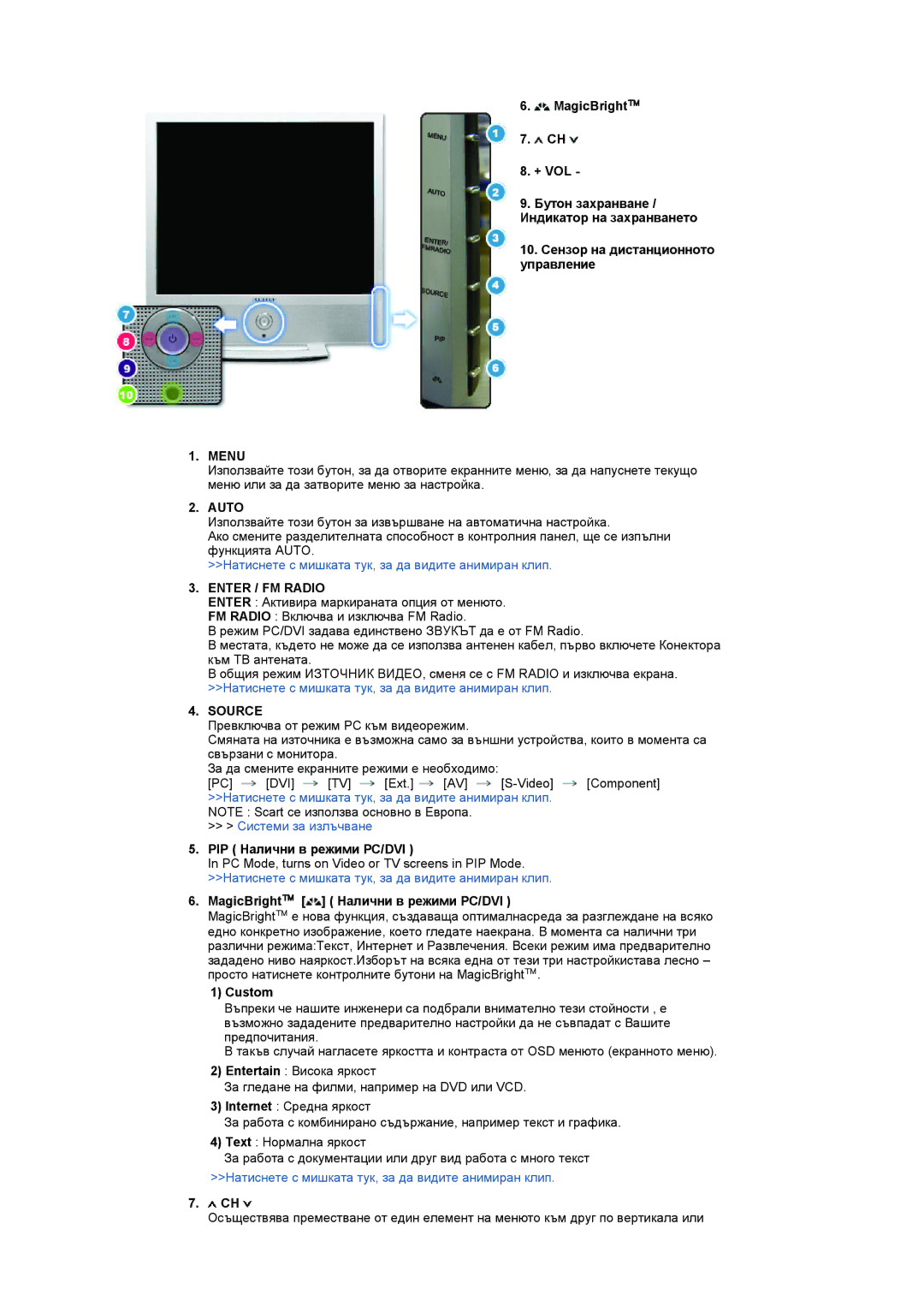 Samsung LS19RTUSSZ/EDC Menu, Enter / FM Radio, PIP Налични в режими PC/DVI, MagicBright Налични в режими PC/DVI, Custom 