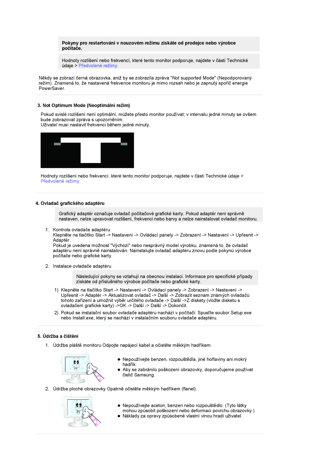 Samsung LS19RTUSSZ/EDC manual Not Optimum Mode Neoptimální režim, Ovladač grafického adaptéru, Údržba a čištění 