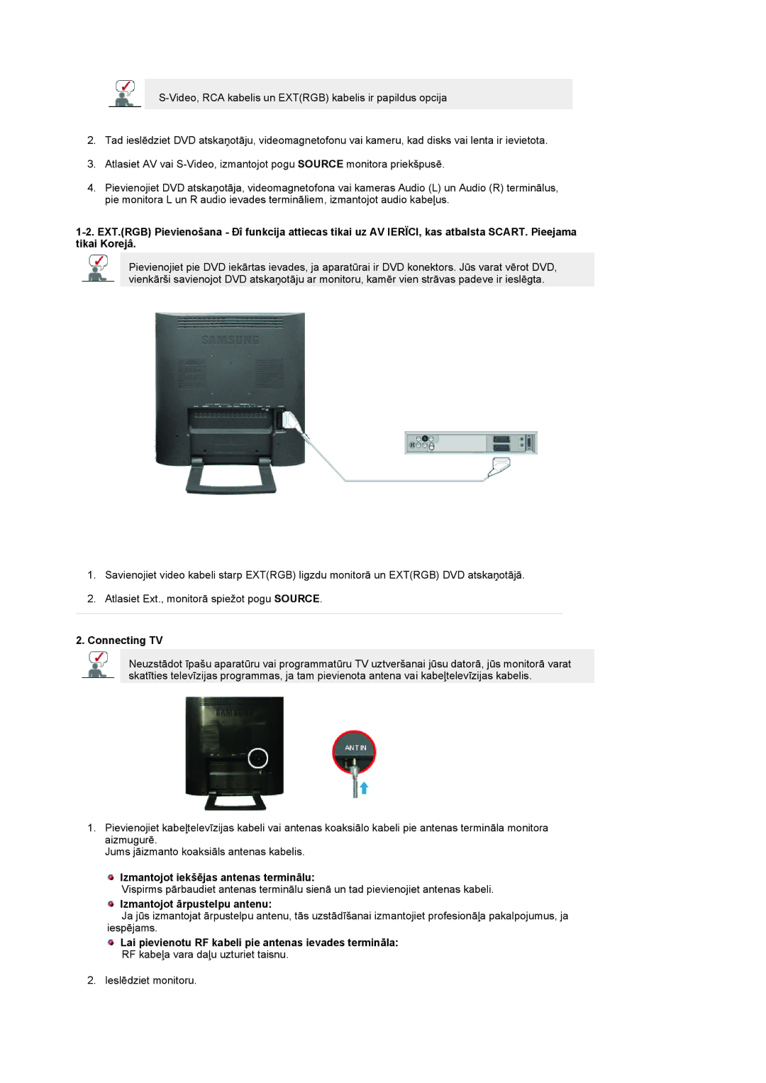 Samsung LS19RTUSSZ/EDC manual Connecting TV, Izmantojot iekšējas antenas terminālu, Izmantojot ārpustelpu antenu 