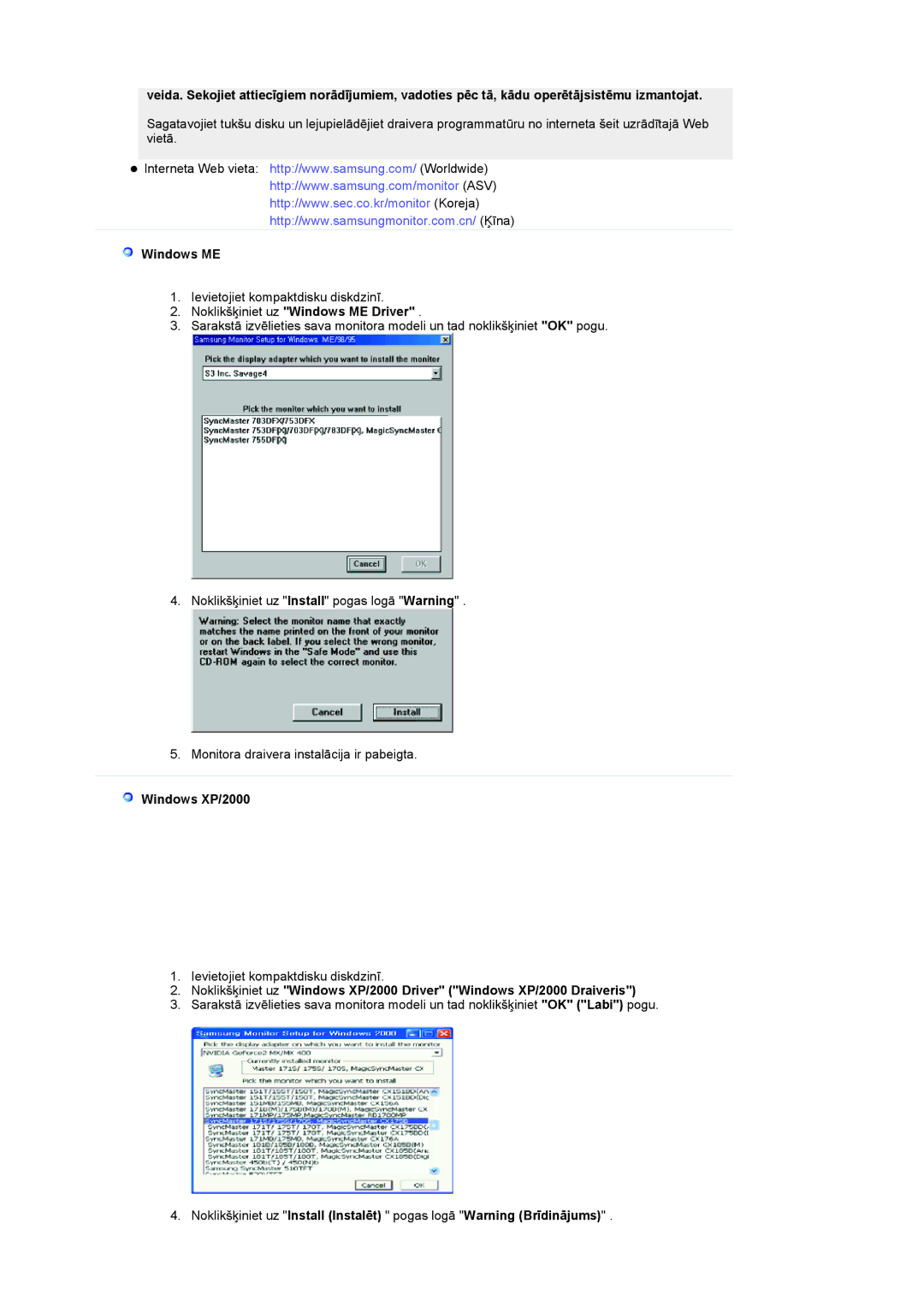 Samsung LS19RTUSSZ/EDC manual Noklikšķiniet uz Windows ME Driver, Windows XP/2000 