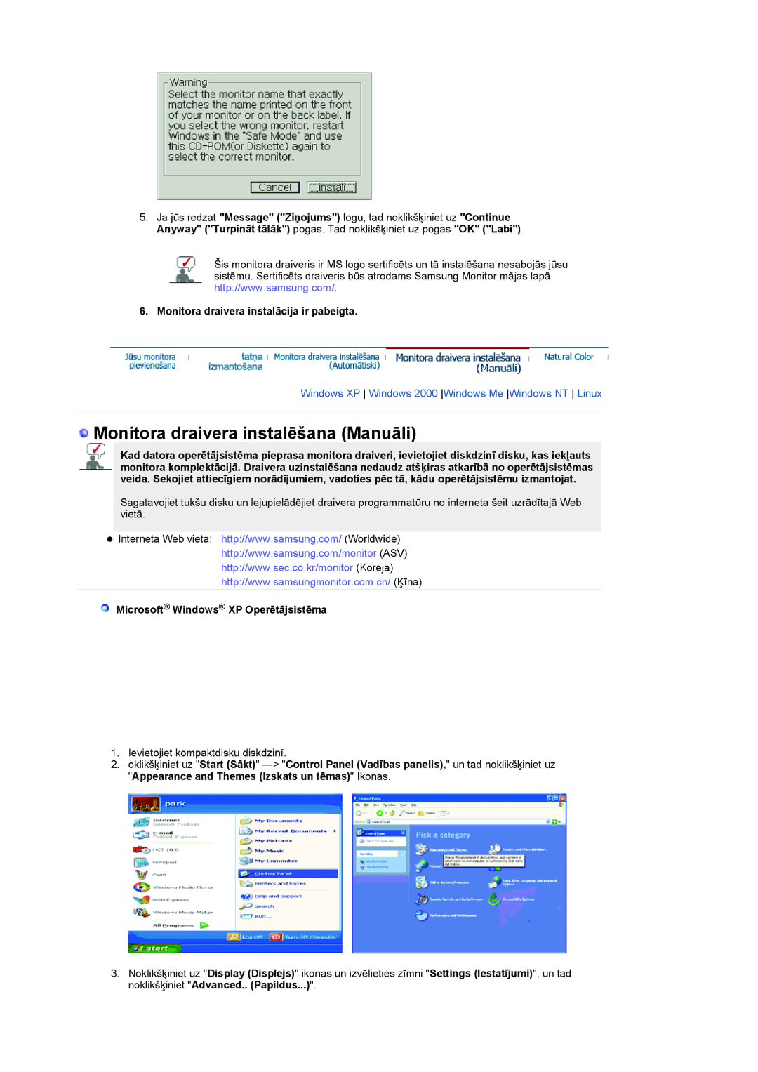 Samsung LS19RTUSSZ/EDC manual Monitora draivera instalācija ir pabeigta, Microsoft Windows XP Operētājsistēma 