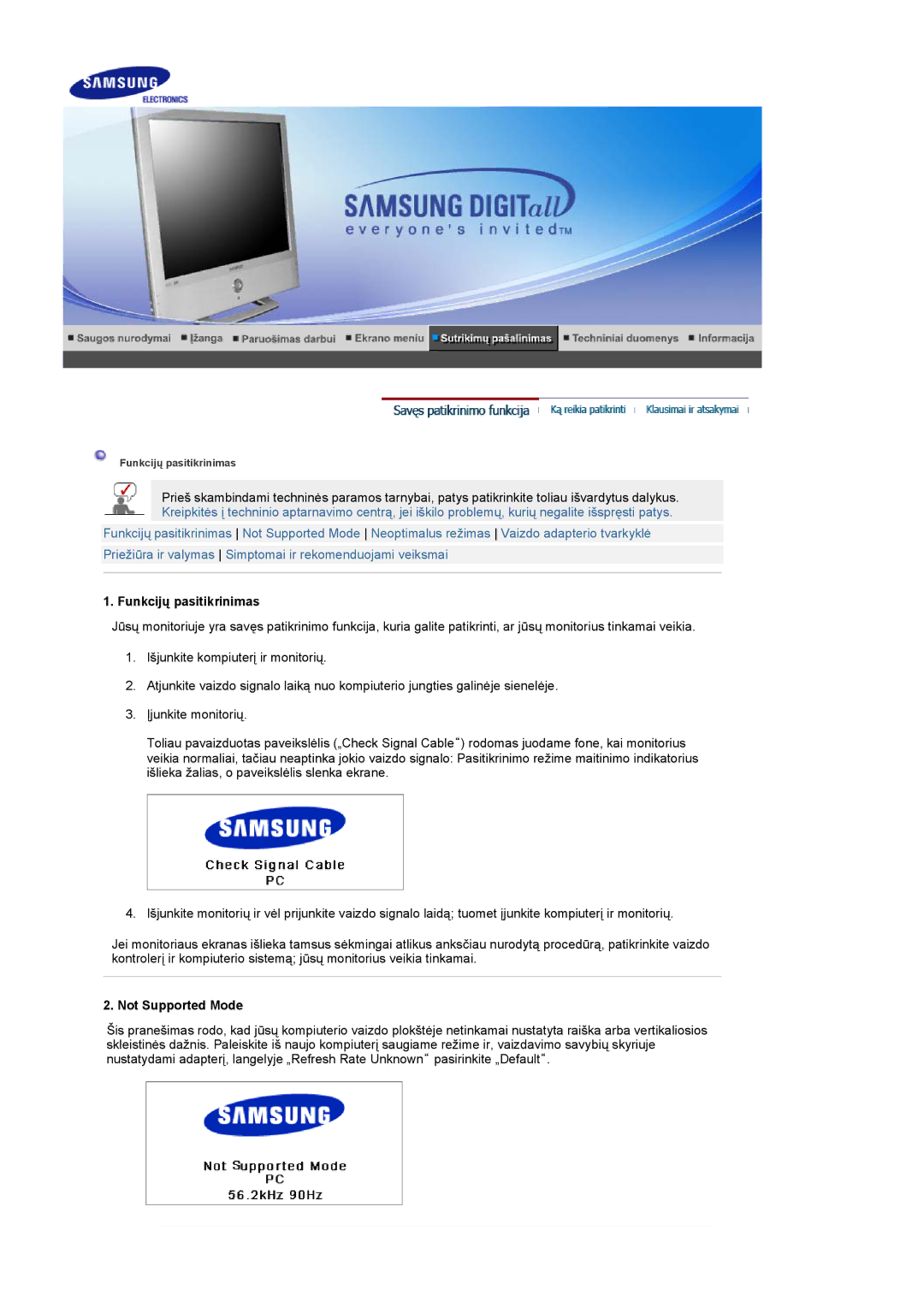 Samsung LS19RTUSSZ/EDC manual Funkcijų pasitikrinimas, Not Supported Mode 