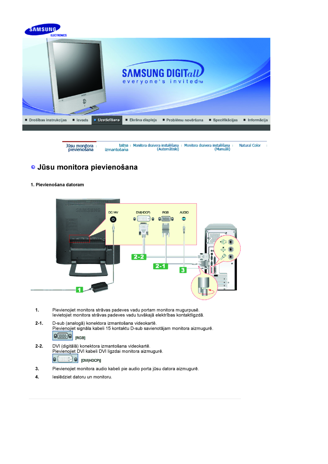 Samsung LS19RTUSSZ/EDC manual Jūsu monitora pievienošana, Pievienošana datoram 