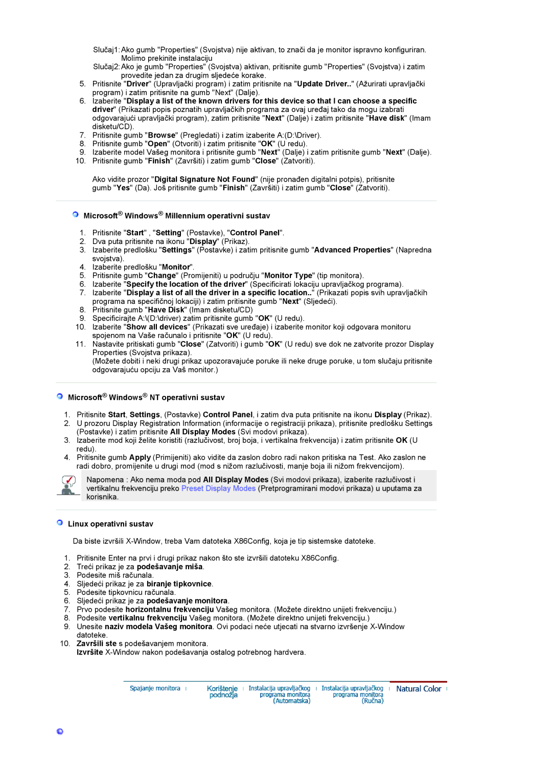 Samsung LS19RTUSSZ/EDC manual Microsoft Windows Millennium operativni sustav, Microsoft Windows NT operativni sustav 