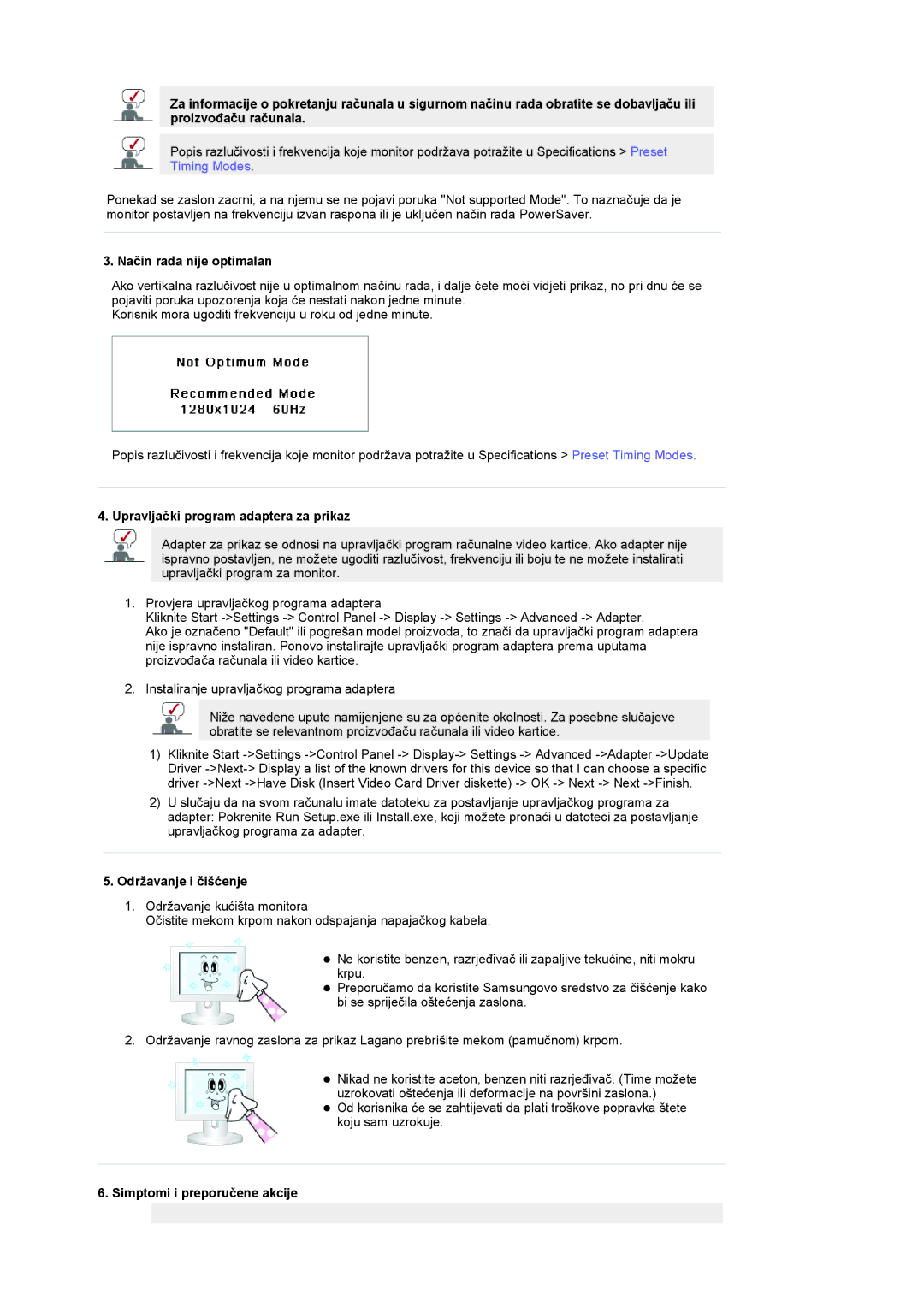 Samsung LS19RTUSSZ/EDC manual Način rada nije optimalan, Upravljački program adaptera za prikaz, Održavanje i čišćenje 