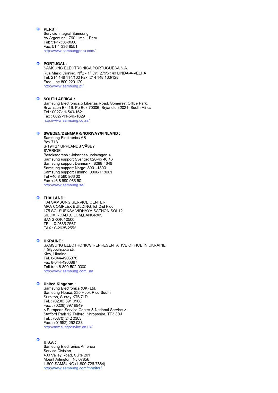 Samsung LS19RTUSSZ/EDC manual Peru, Portugal, South Africa, Sweden/Denmark/Norway/Finland, Thailand, Ukraine 