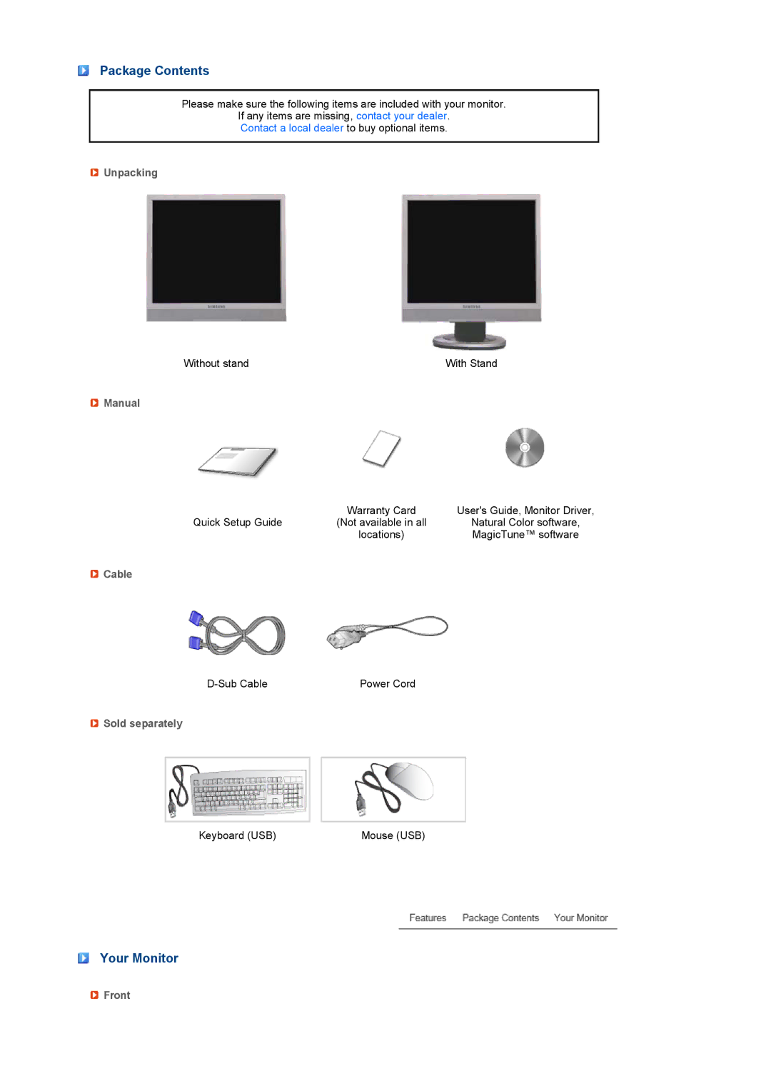 Samsung LF19TRTLSH/EDC, LS19TRNLS/EDC, LS17TRTLS/EDC, LS19TRTLS/EDC, LS19TRTLSY/EDC manual Package Contents, Your Monitor 