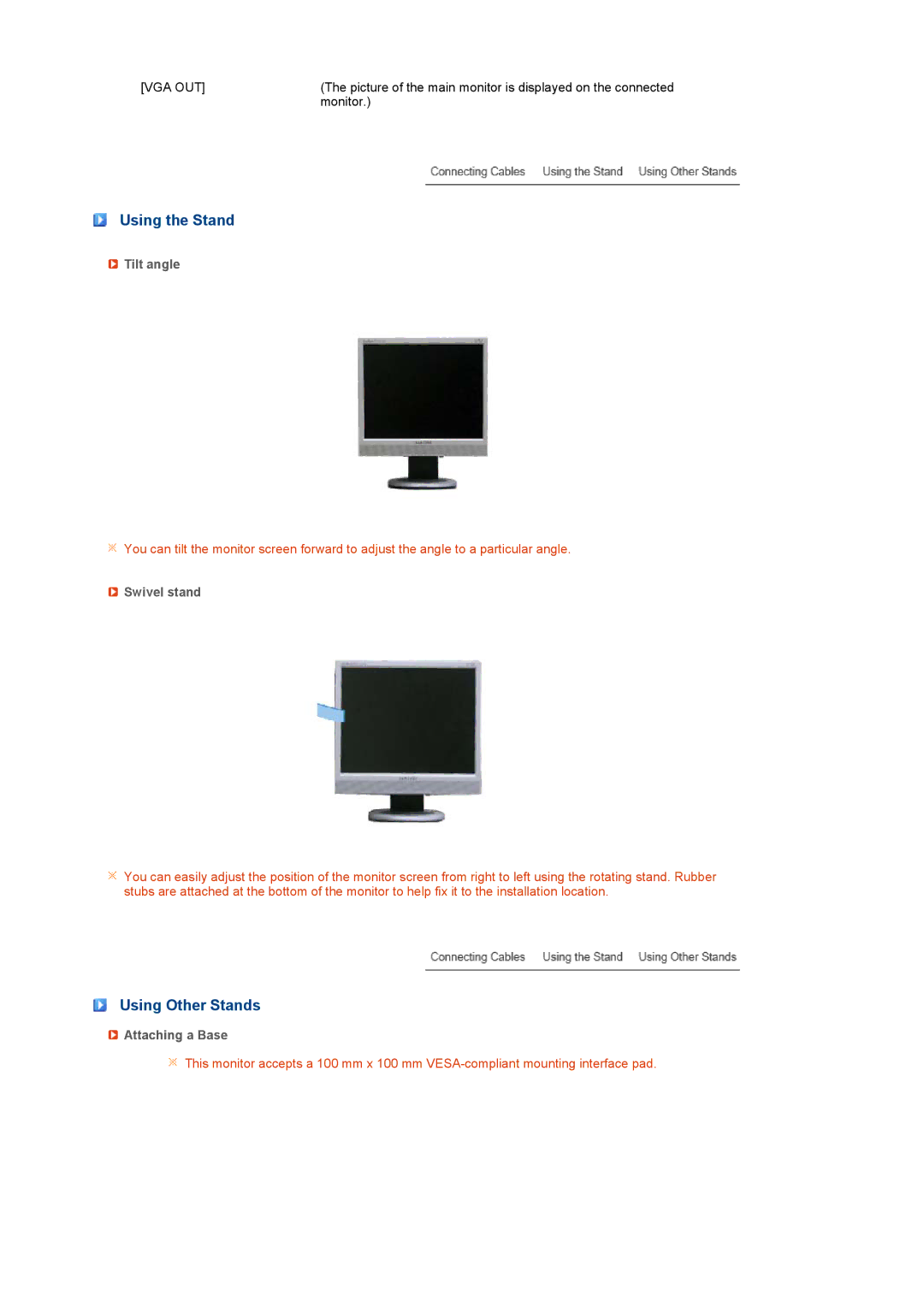 Samsung LS19TRTLS/EDC, LS19TRNLS/EDC manual Using the Stand, Using Other Stands, Tilt angle, Swivel stand, Attaching a Base 