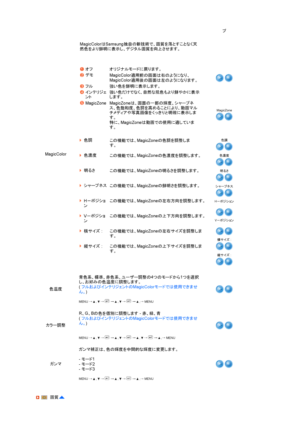 Samsung LF19TRTLB/XSJ, LS19TRTLB/XAA manual 色温度 フルおよびインテリジェントのMagicColorモードでは使用できませ ん。 